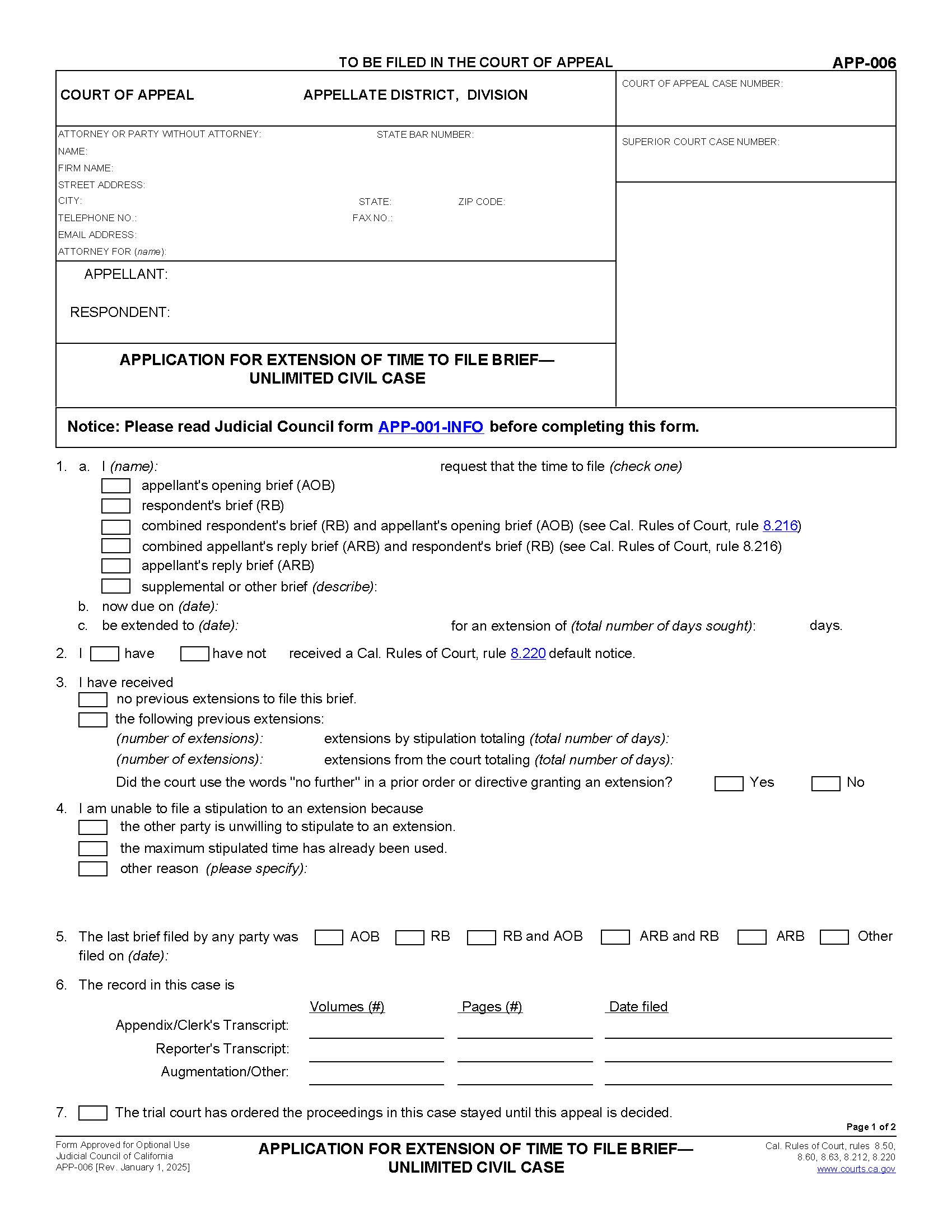 Application For Extension Of Time To File Brief (Civil Case) {APP-006} | Pdf Fpdf Doc Docx | California
