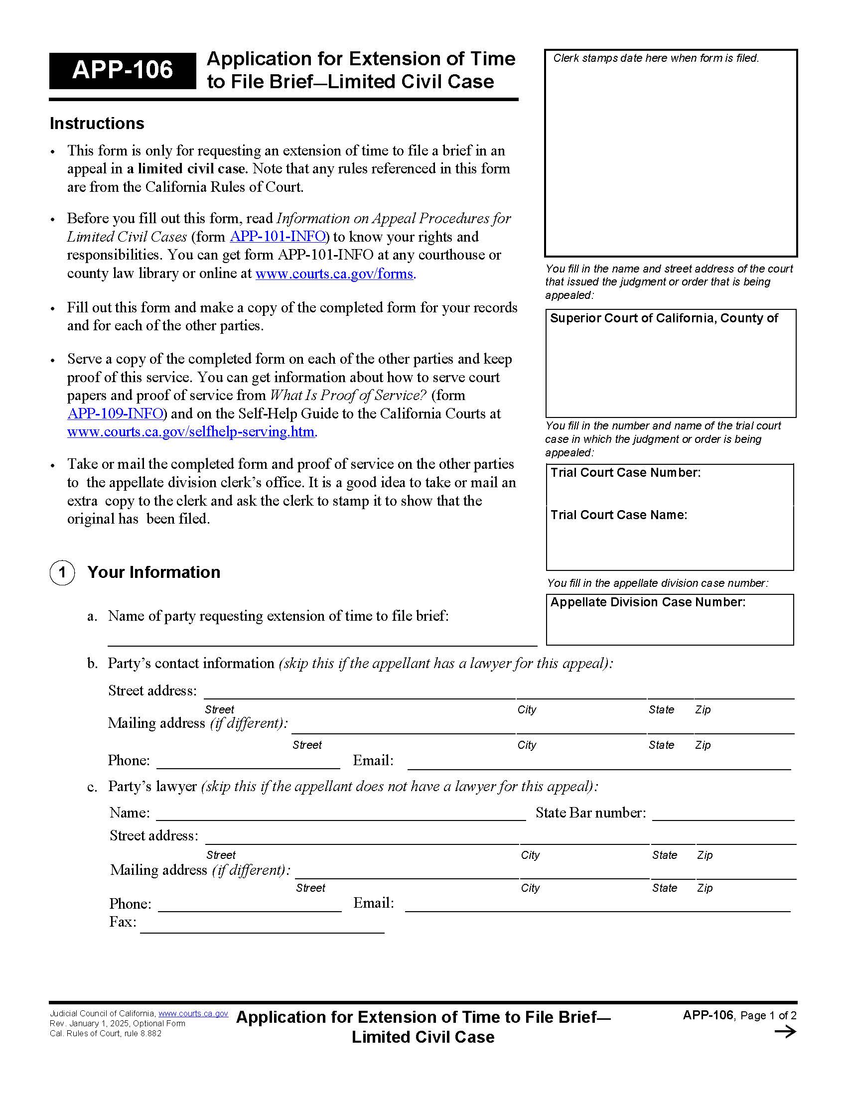 Application For Extension Of Time To File Brief (Limited Civil Case) {APP-106} | Pdf Fpdf Doc Docx | California