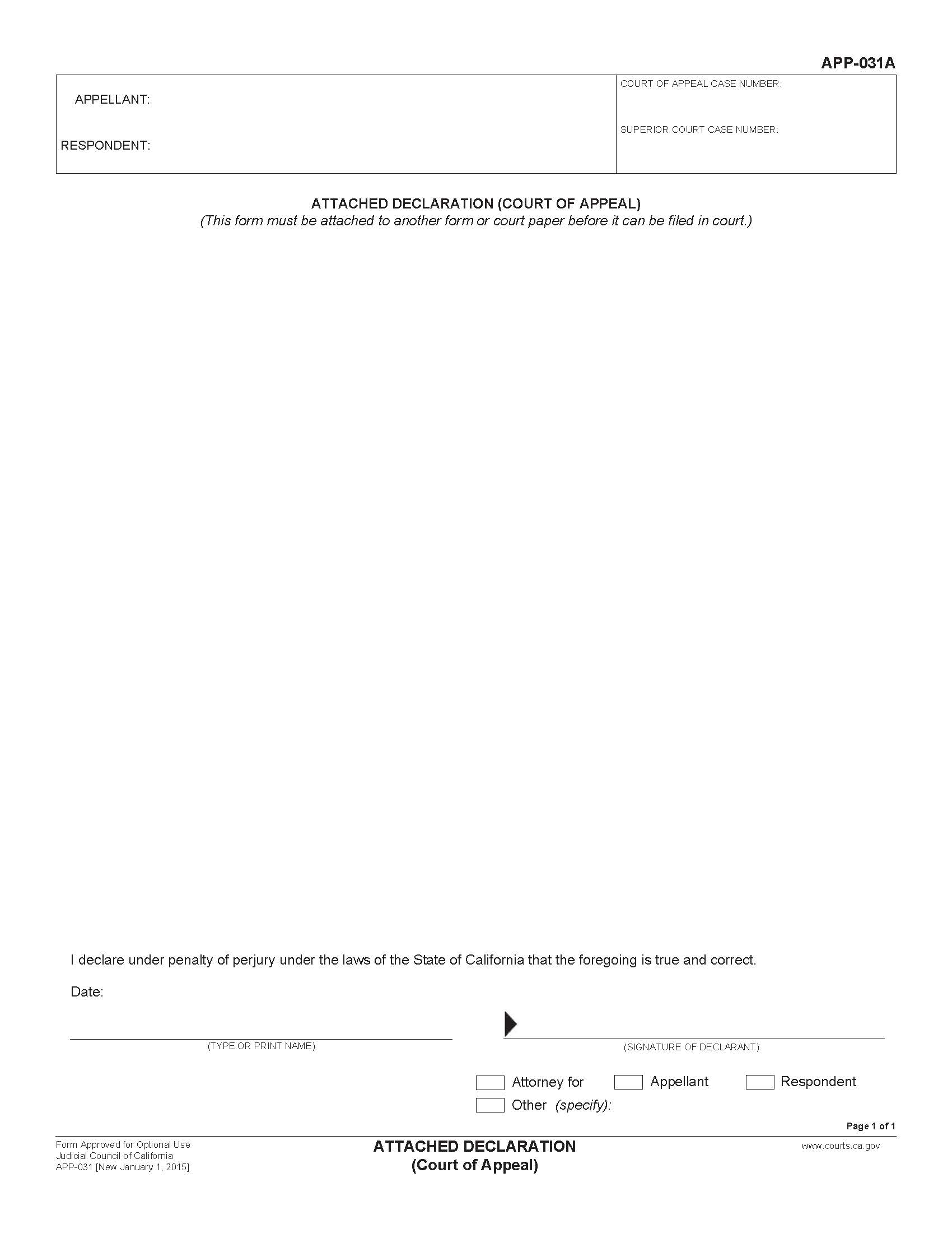 Attached Declaration (Court Of Appeal) {APP-031A} | Pdf Fpdf Doc Docx | California