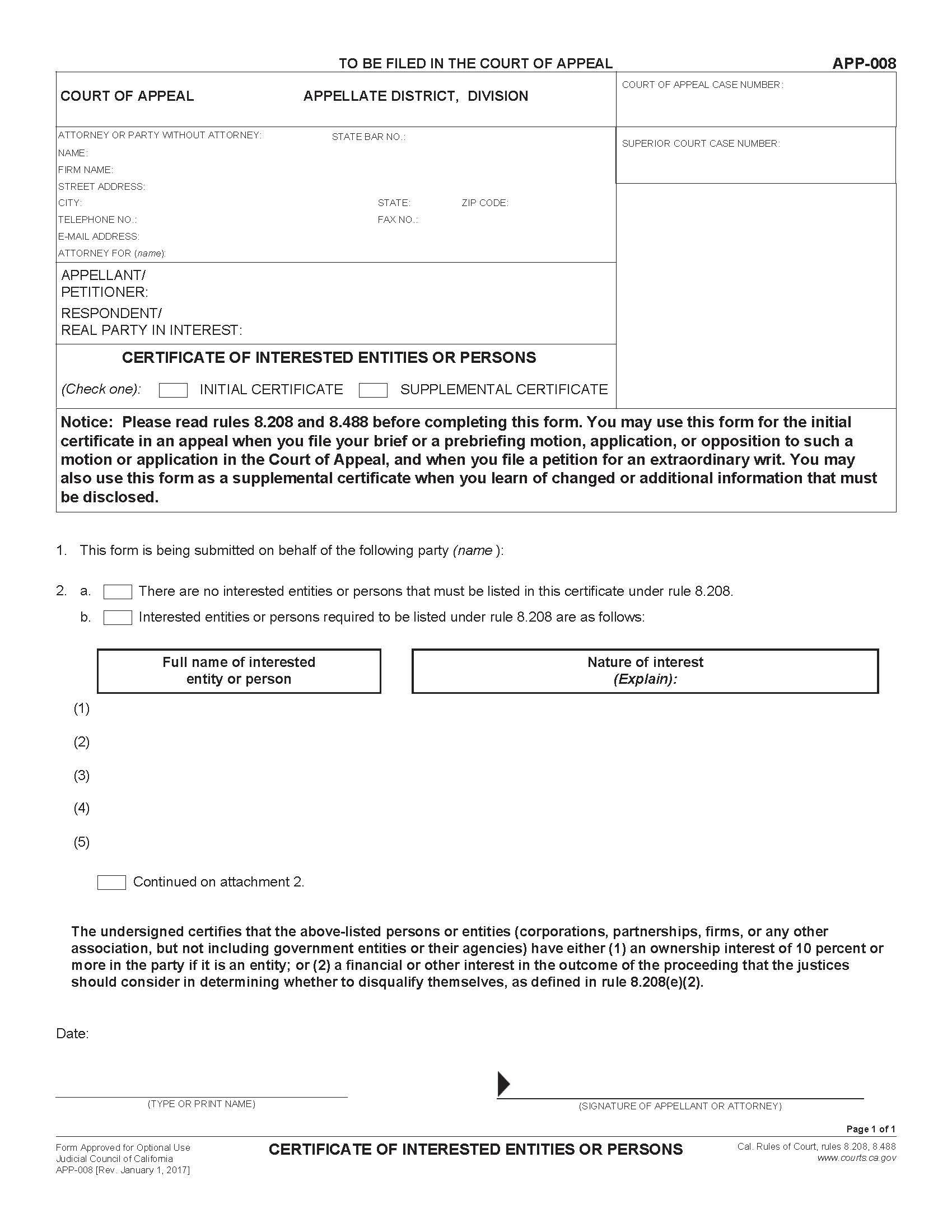 Certificate Of Interested Entities Or Persons {APP-008} | Pdf Fpdf Doc Docx | California