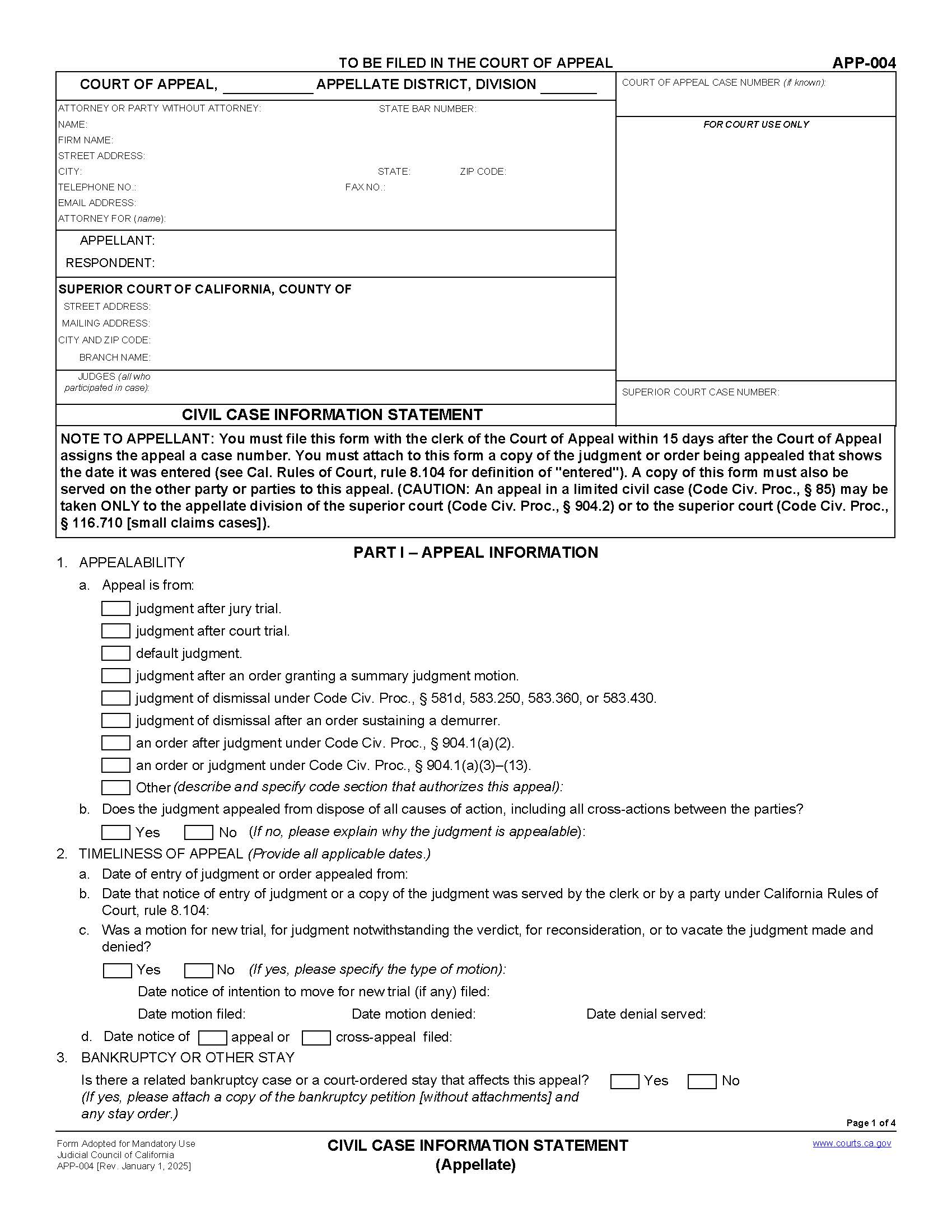 Civil Case Information Statement {APP-004} | Pdf Fpdf Doc Docx | California