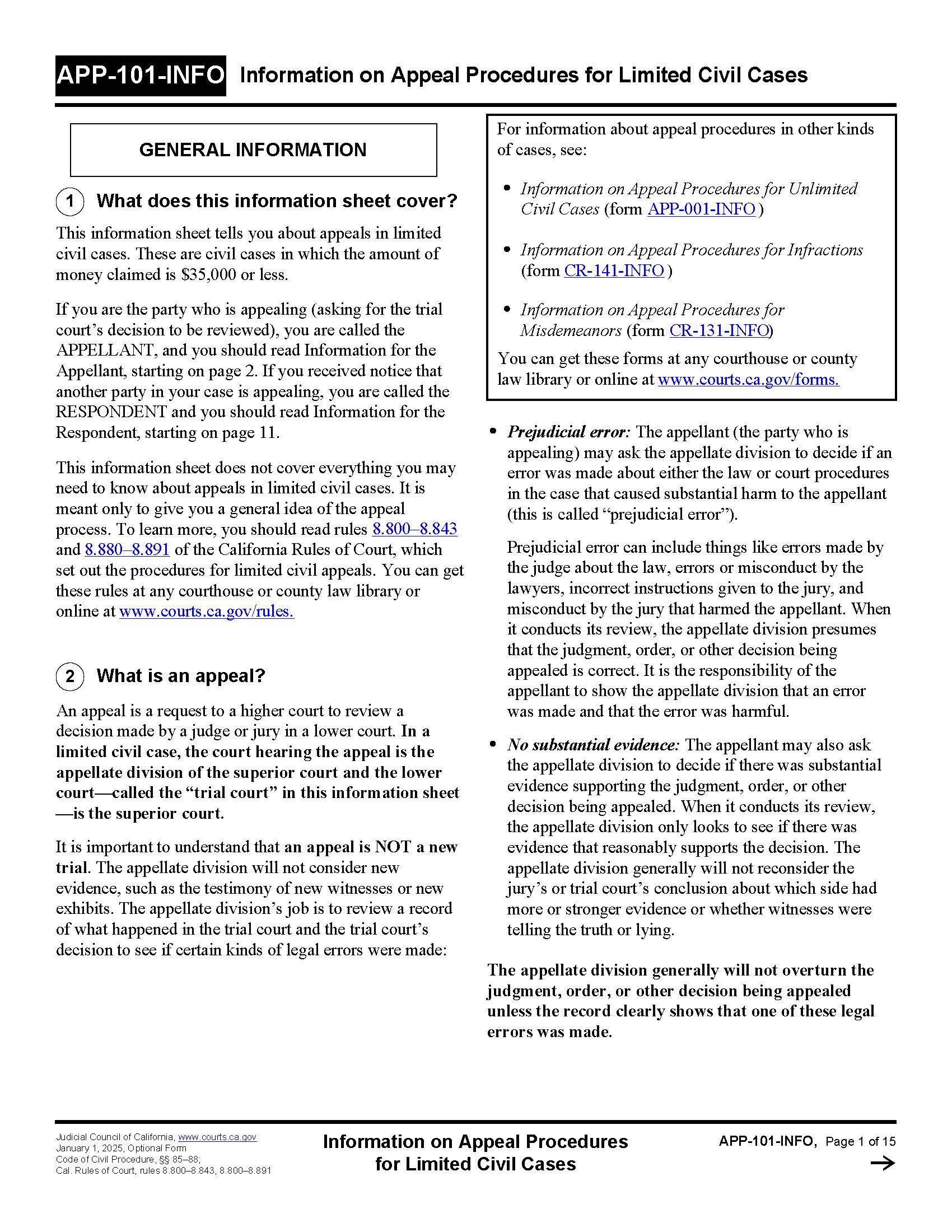 Information On Appeal Procedures For Limited Civil Cases {APP-101-INFO} | Pdf Fpdf Docx | California