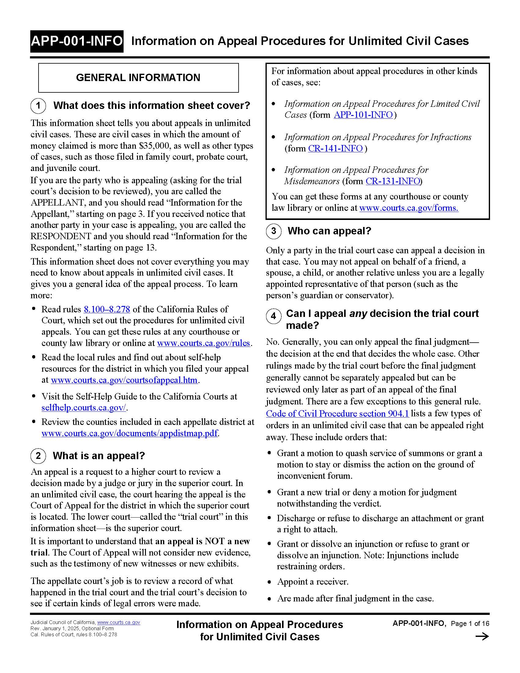 Information On Appeal Procedures For Unlimited Civil Cases {APP-001-INFO} | Pdf Fpdf Docx | California
