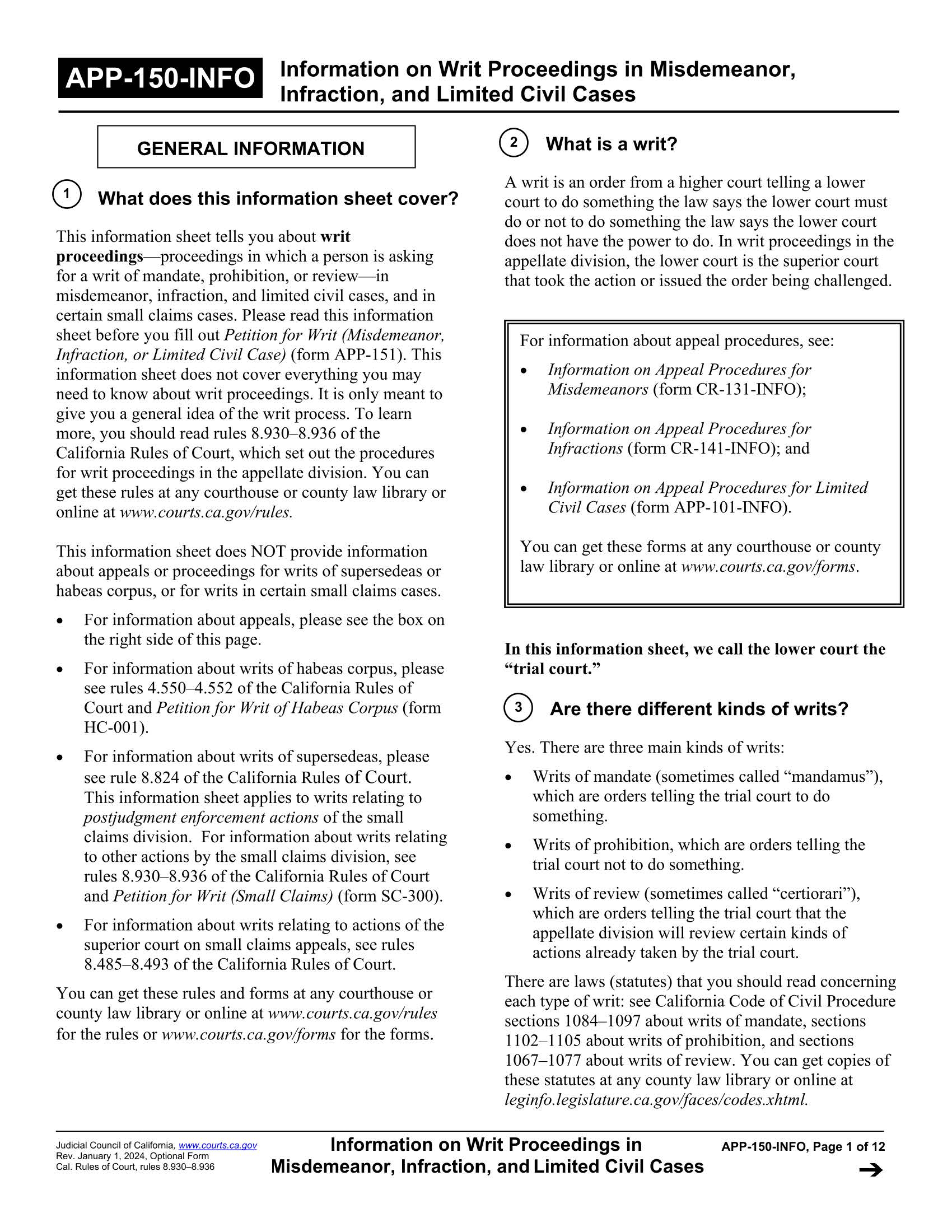 Information On Writ Proceedings In Misdemeanor Infraction And Limited Civil Cases {APP-150-INFO} | Pdf Fpdf Doc Docx | California