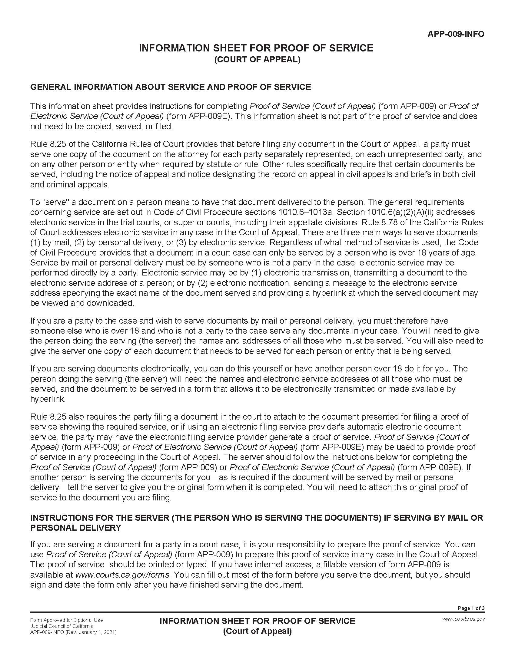 Information Sheet For Proof Of Service (Court Of Appeal) {APP-009-INFO} | Pdf Fpdf Doc Docx | California