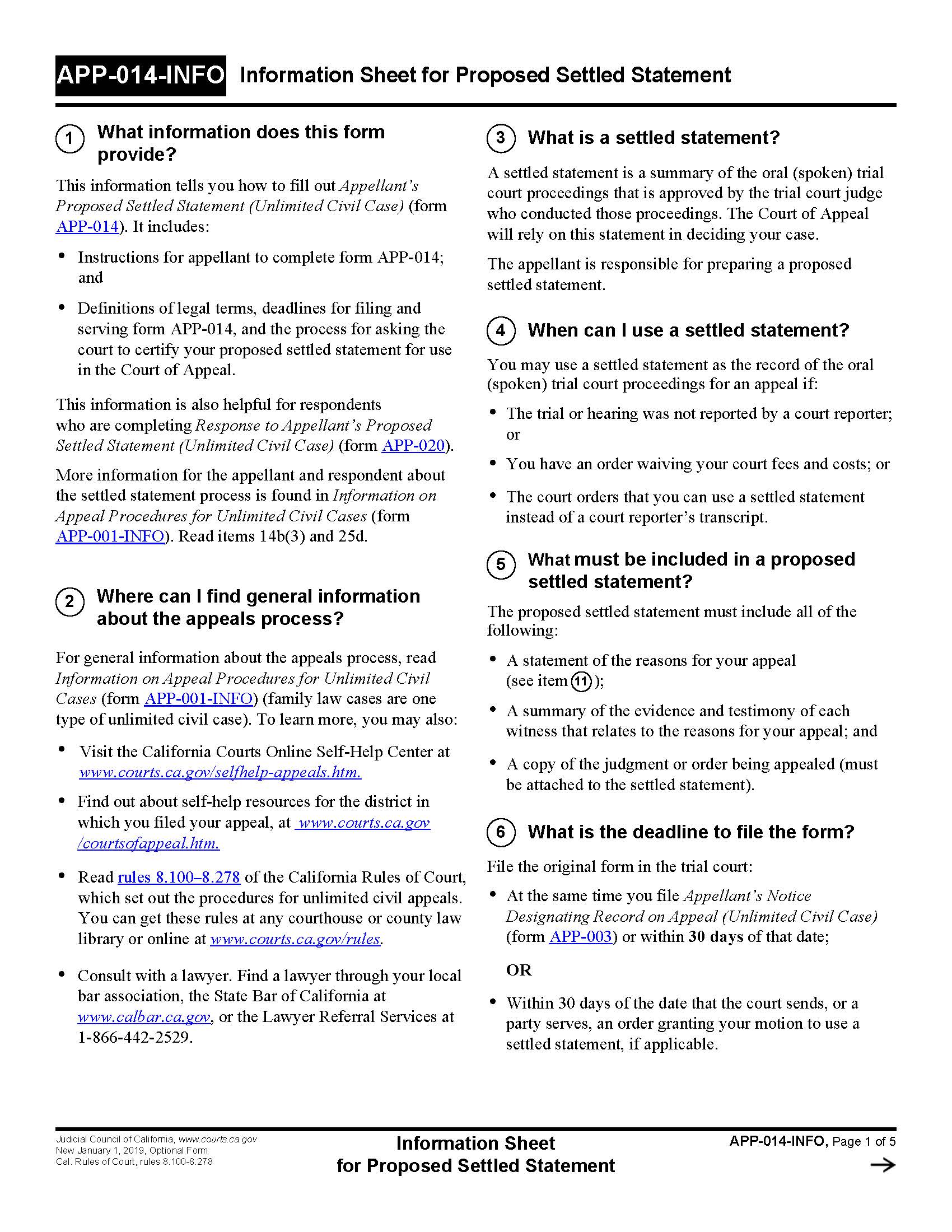 Information Sheet For Proposed Settled Statement {APP-014-INFO} | Pdf Fpdf Docx | California