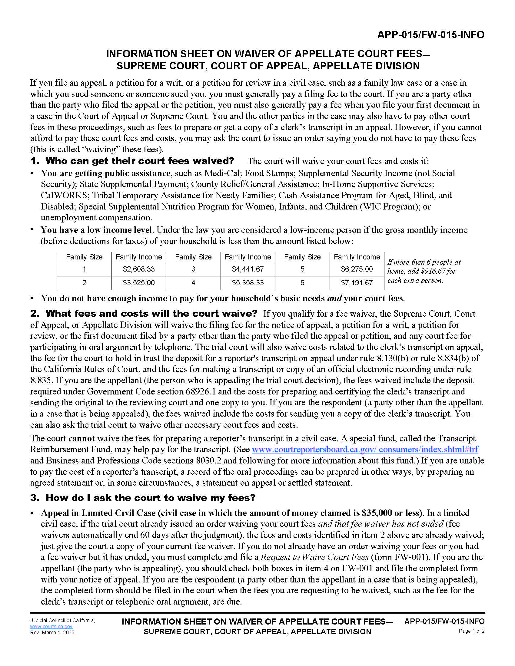 Information Sheet On Waiver Of Appellate Court Fees {APP-015 FW-015-INFO} | Pdf Fpdf Docx | California
