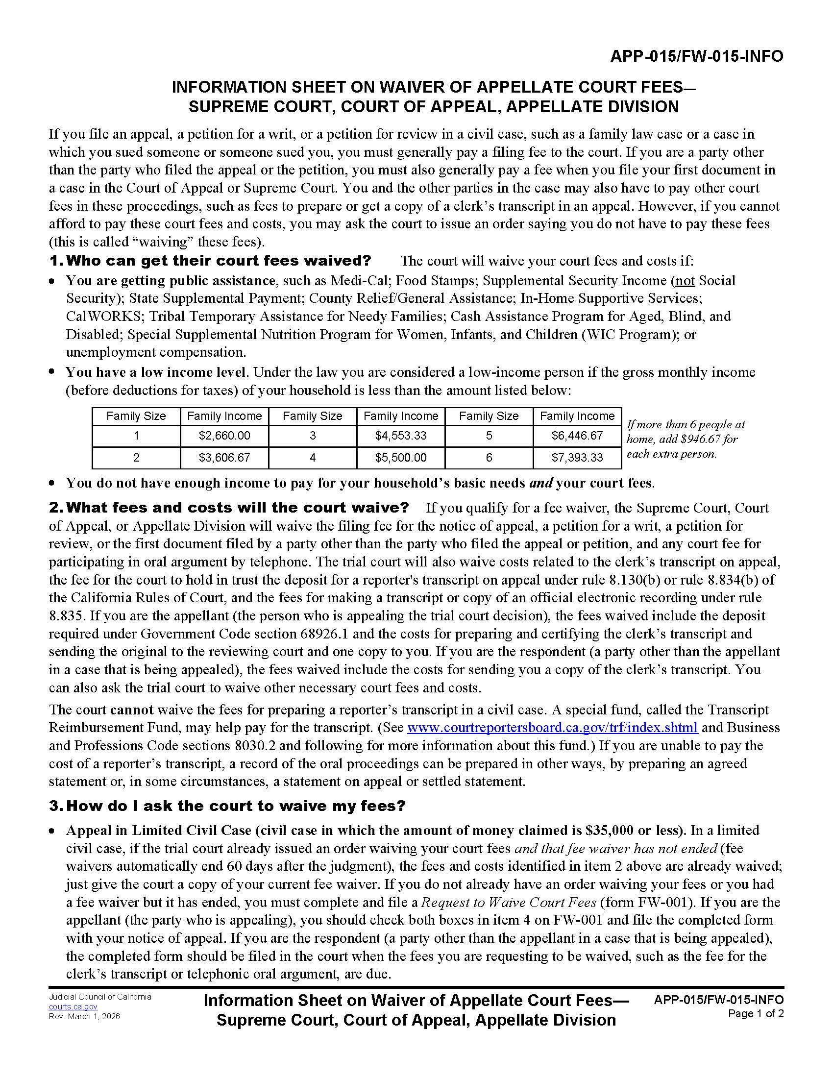 Information Sheet On Waiver Of Appellate Court Fees {APP-015 FW-015-INFO} | Pdf Fpdf Docx | California