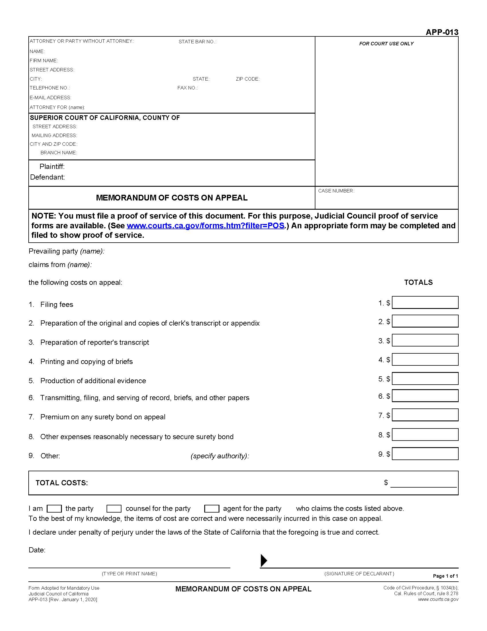Memorandum Of Costs On Appeal {APP-013} | Pdf Fpdf Doc Docx | California