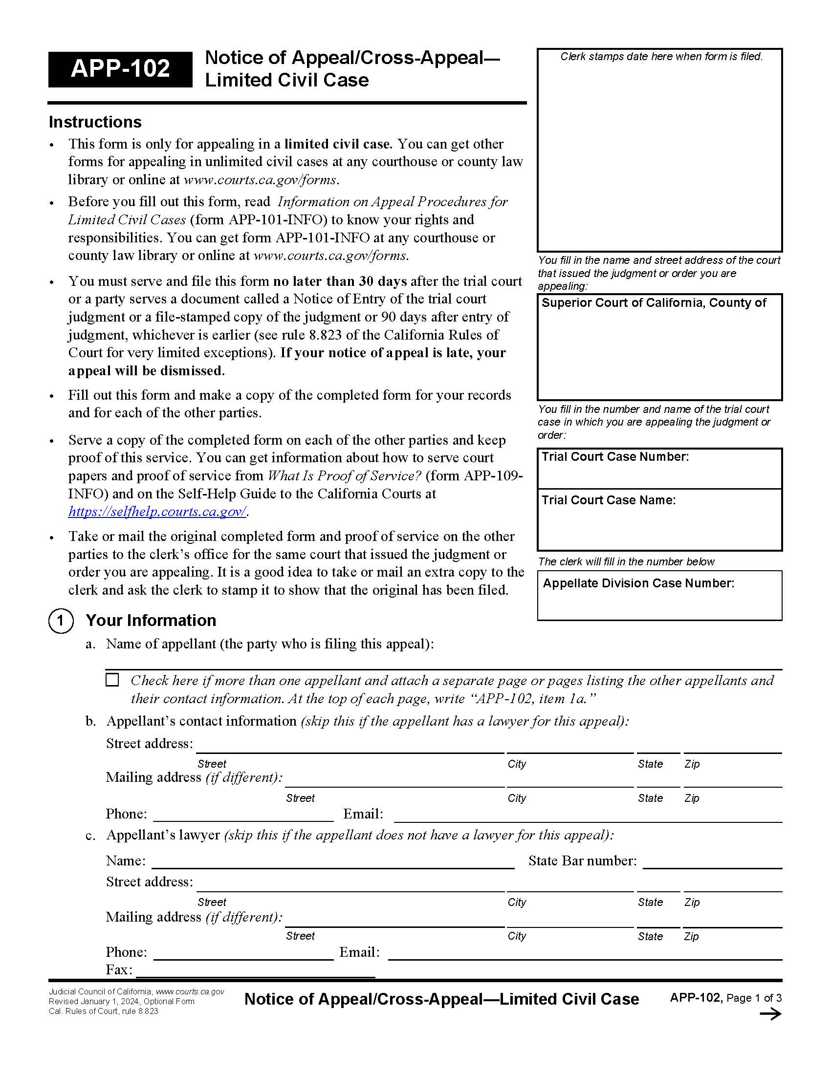 Notice Of Appeal Cross-Appeal (Limited Civil Case) {APP-102} | Pdf Fpdf Docx | California
