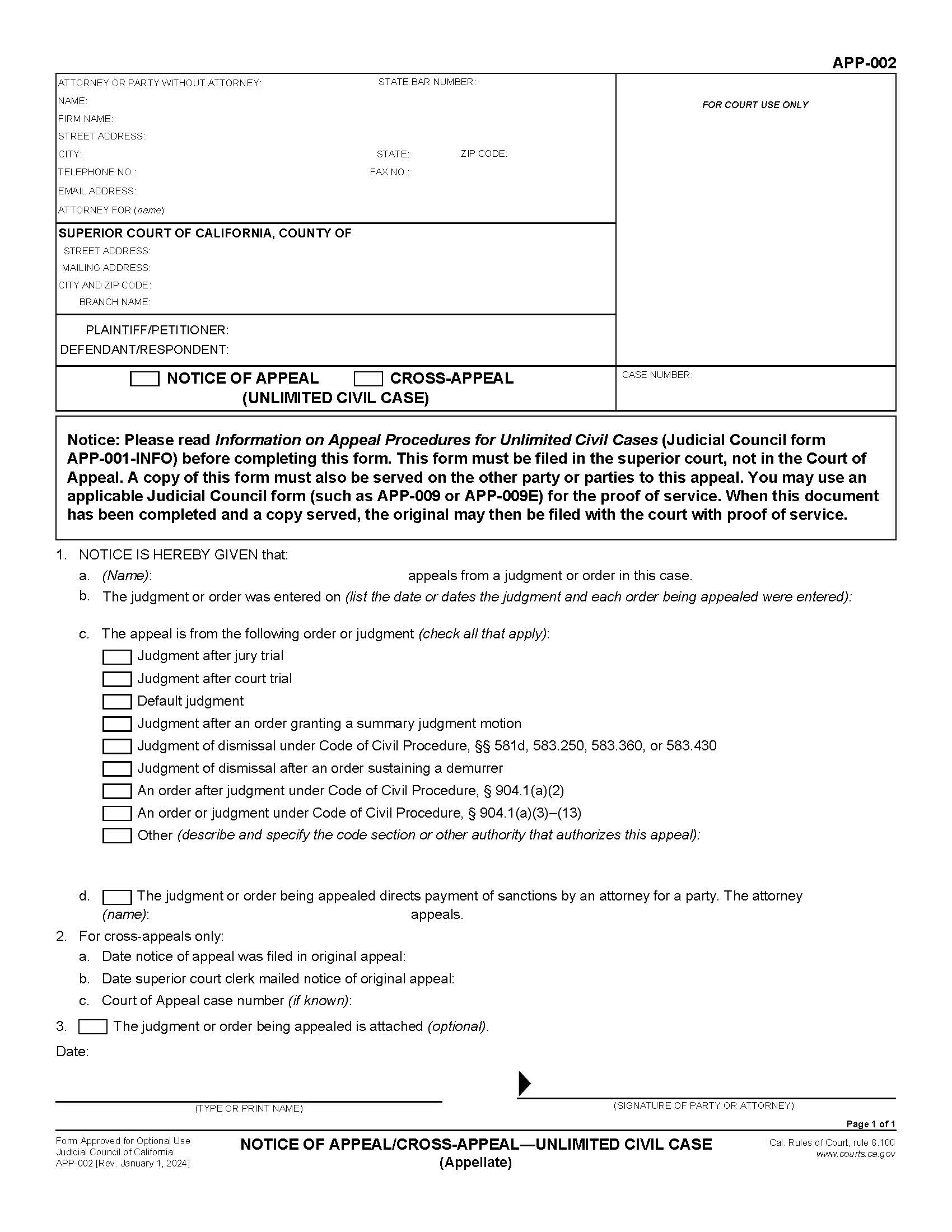 Notice Of Appeal Cross-Appeal (Unlimited Civil Case) {APP-002} | Pdf Fpdf Doc Docx | California