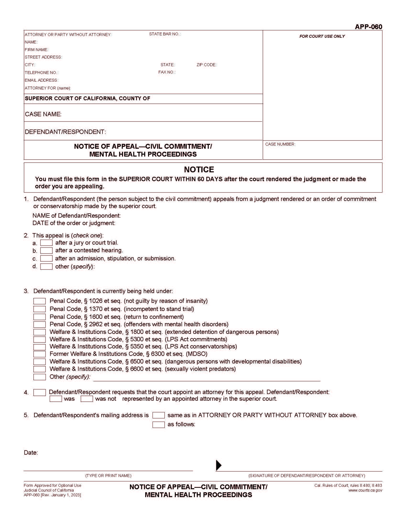 Notice Of Appeal-Civil Commitment-Mental Health Proceedings {APP-060} | Pdf Fpdf Docx | California