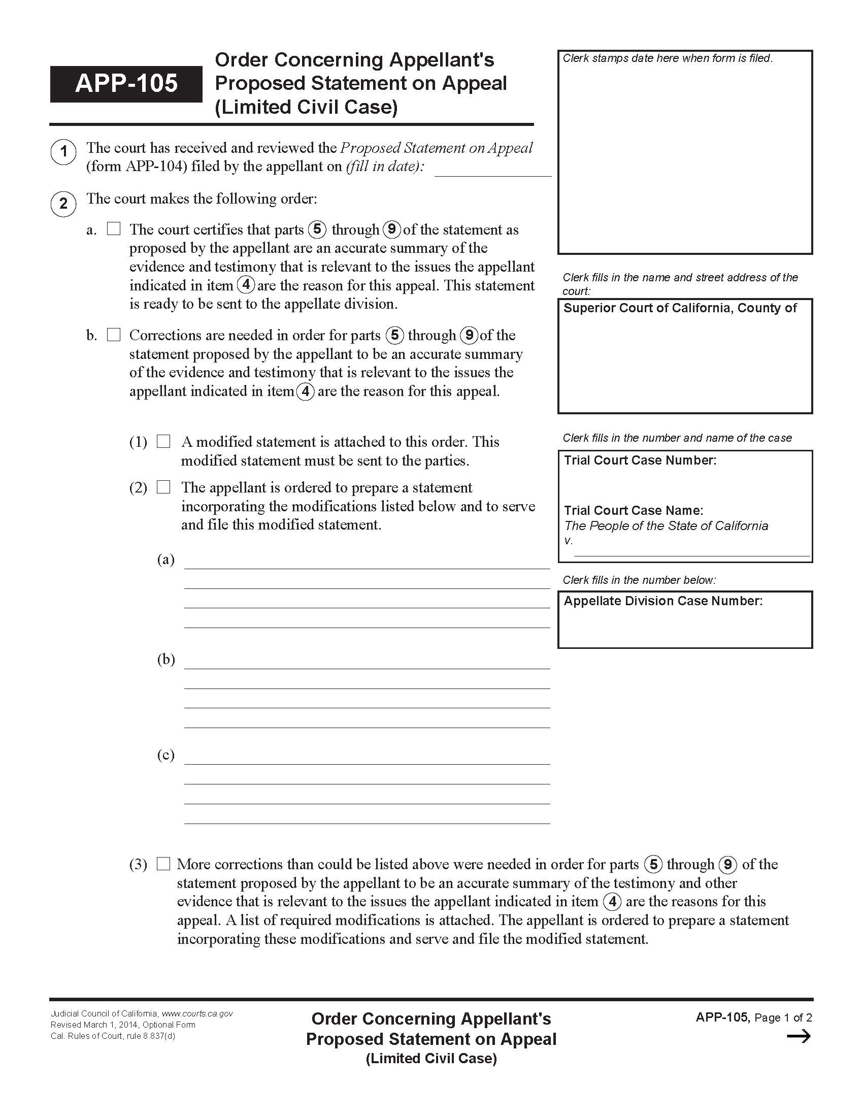 Order Concerning Appellants Proposed Statement On Appeal (Limited Civil Case) {APP-105} | Pdf Fpdf Doc Docx | California