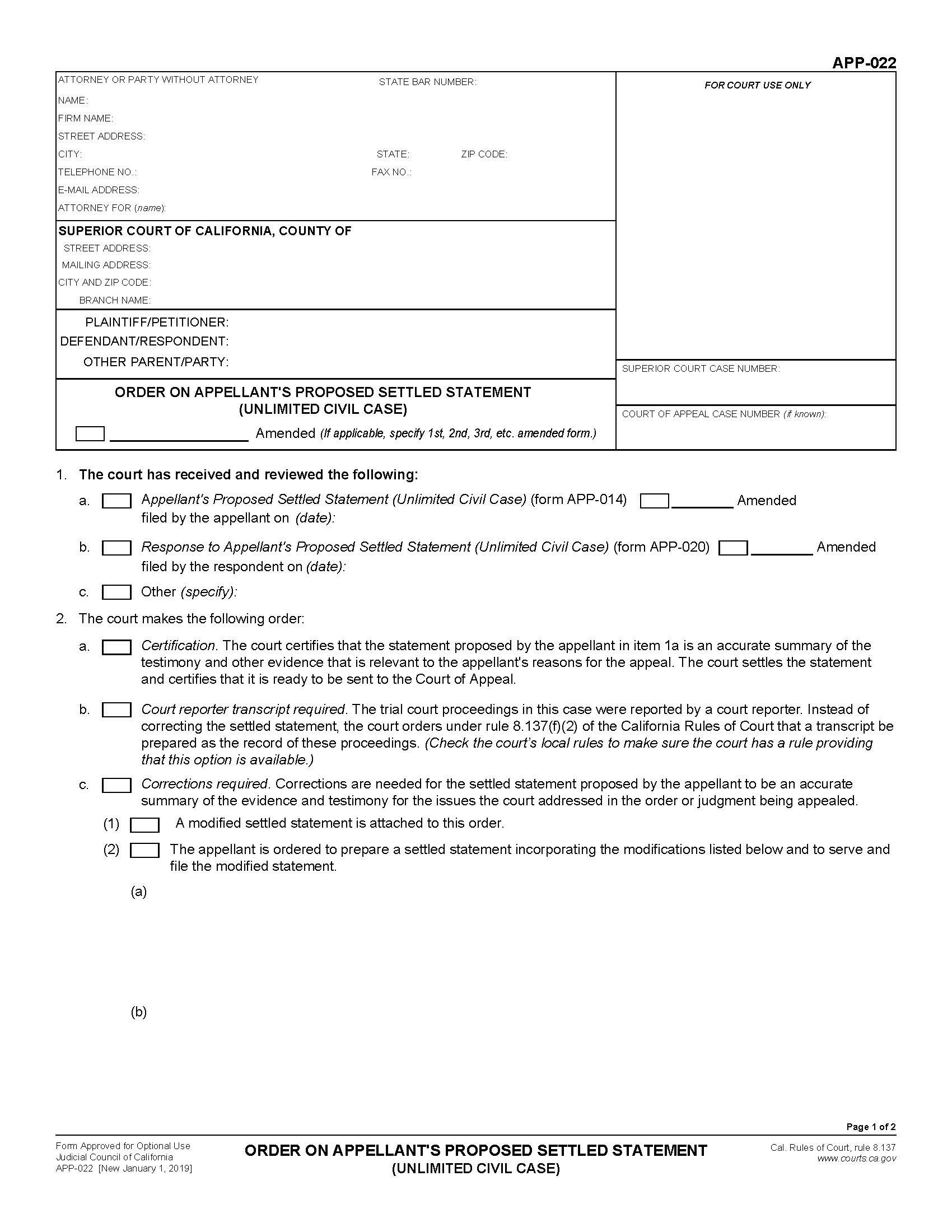 Order On Appellants Proposed Settled Statement (Unlimited Civil Case) {APP-022} | Pdf Fpdf Docx | California