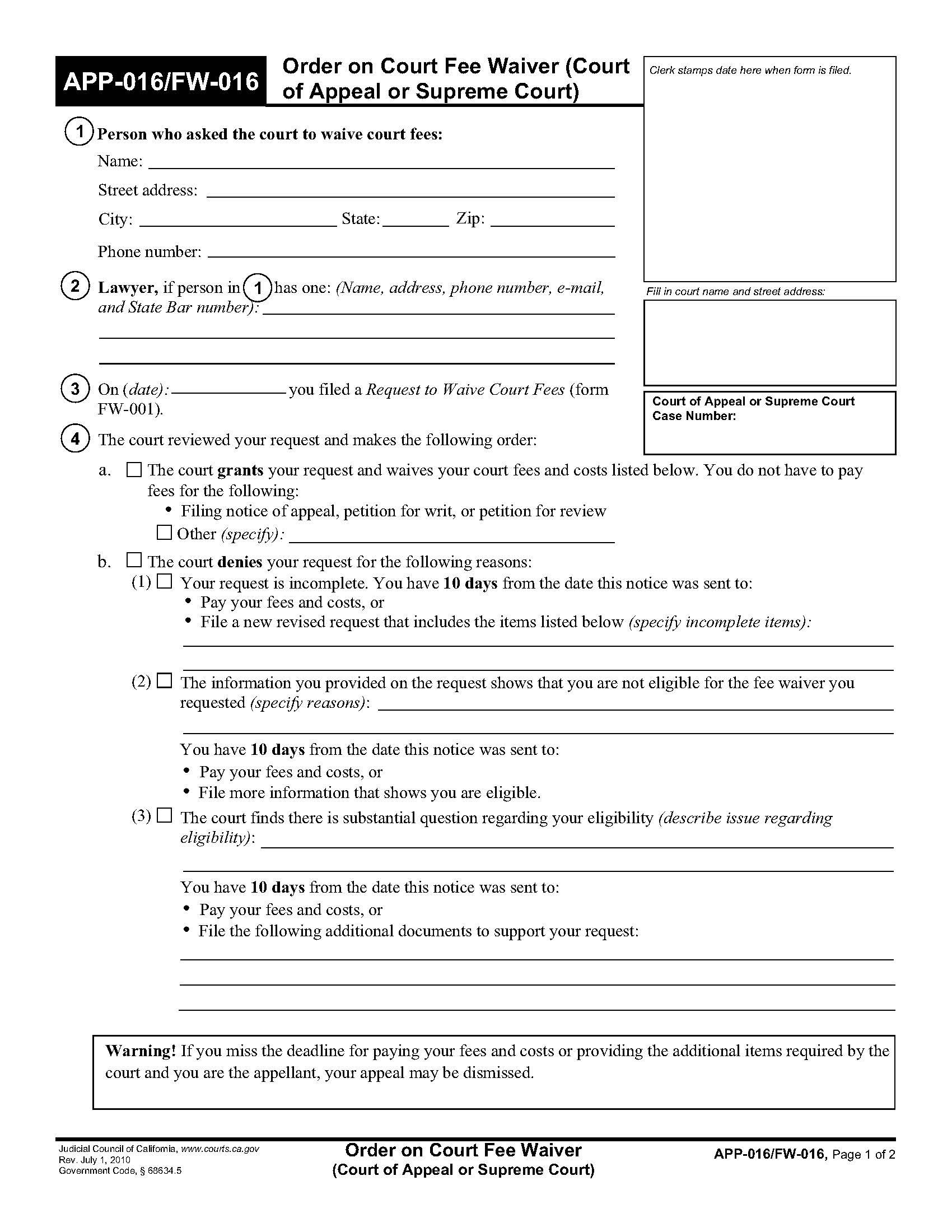 Order On Court Fee Waiver (Court Of Appeal Or Supreme Court) {APP-016 FW-016} | Pdf Fpdf Doc Docx | California