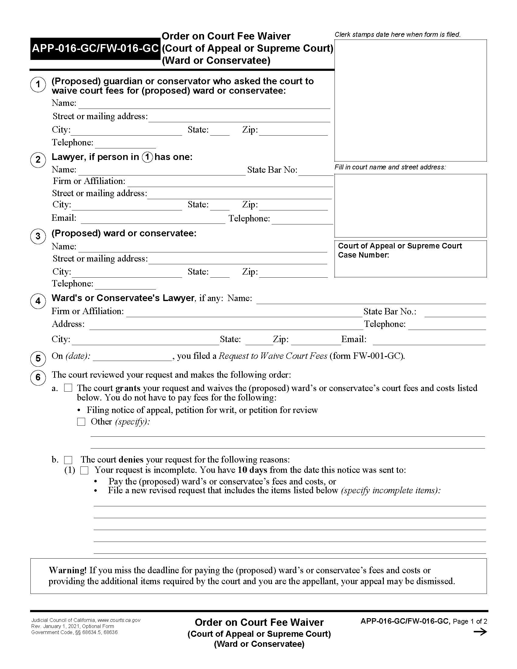Order On Court Fee Waiver (Court Of Appeal Or Supreme Court) {APP-016-GC FW-016-GC} | Pdf Fpdf Doc Docx | California