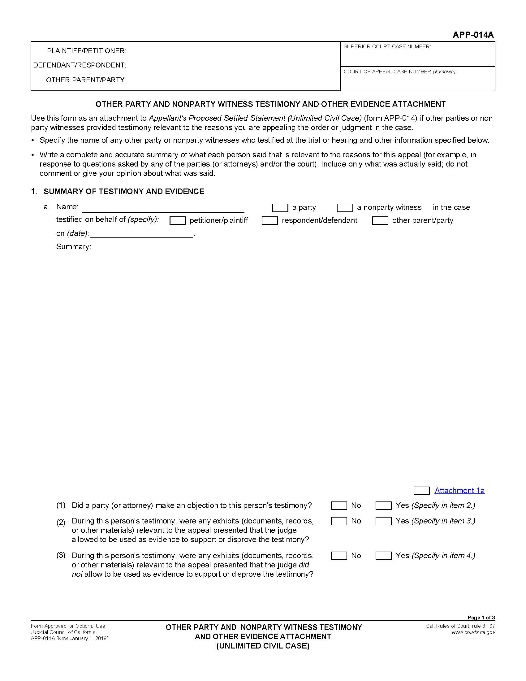 Other Party And Nonparty Witness Testimony And Other Evidence Attachment {APP014A} | Pdf Fpdf Docx | California