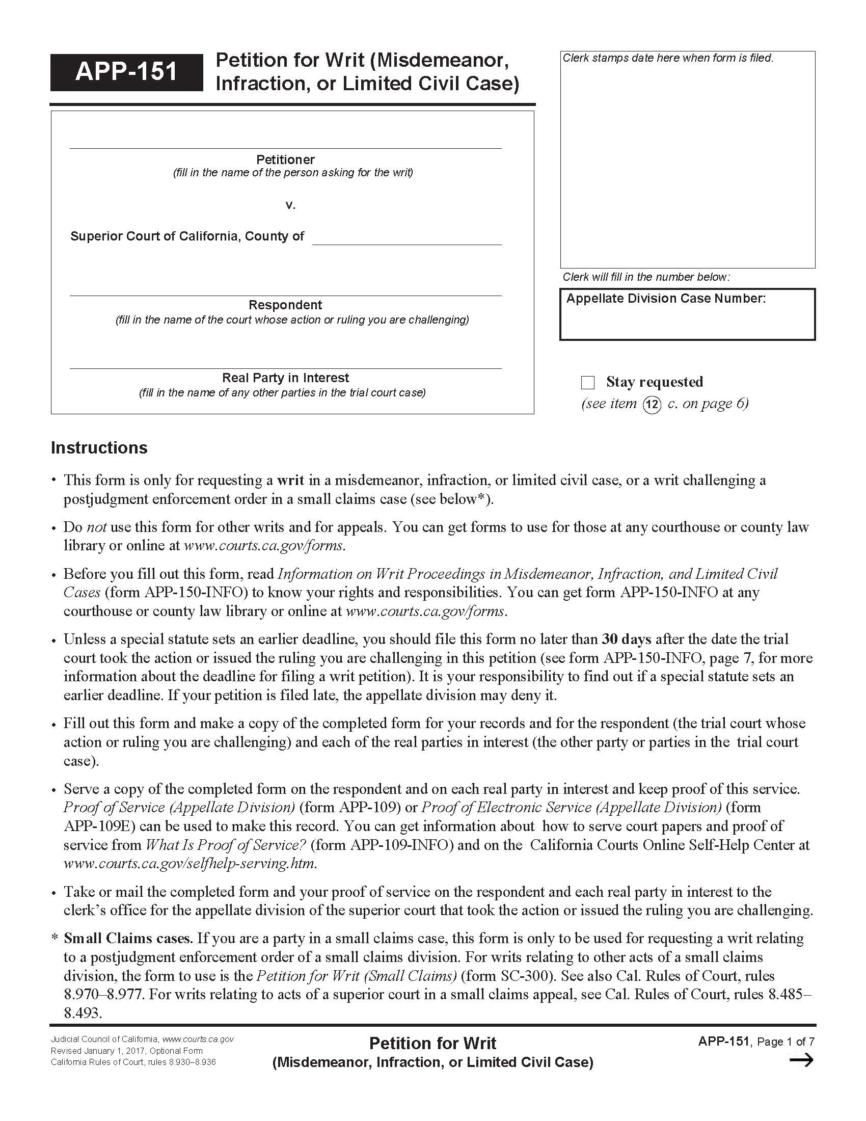 Petition For Writ (Misdemeanor Infraction Or Limited Civil Case) {APP-151} | Pdf Fpdf Doc Docx | California