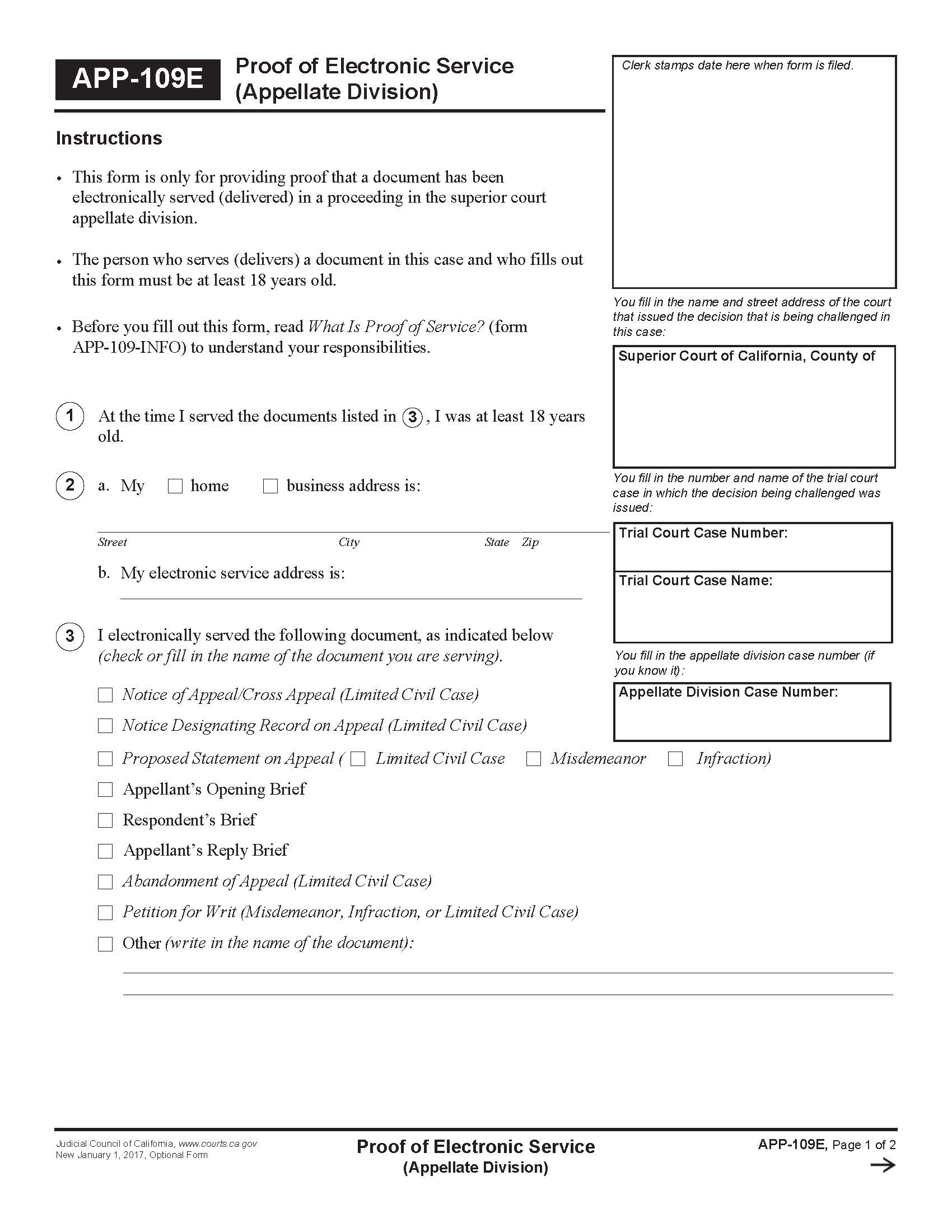 Proof Of Electronic Service (Appellate Division) {APP-109E} | Pdf Fpdf Doc Docx | California