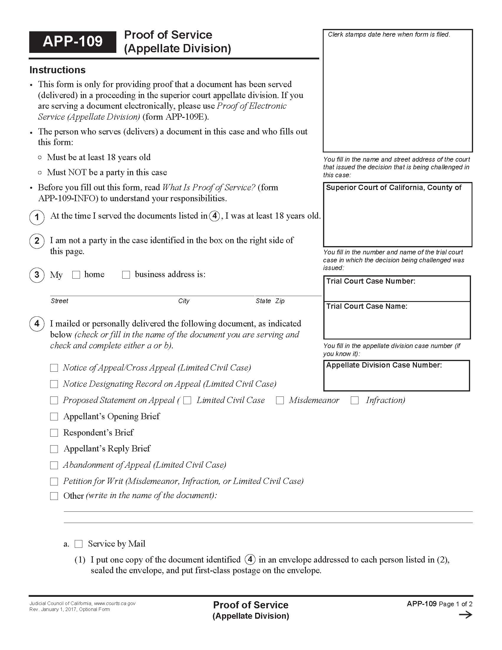 Proof Of Service (Appellate Division) {APP-109} | Pdf Fpdf Doc Docx | California