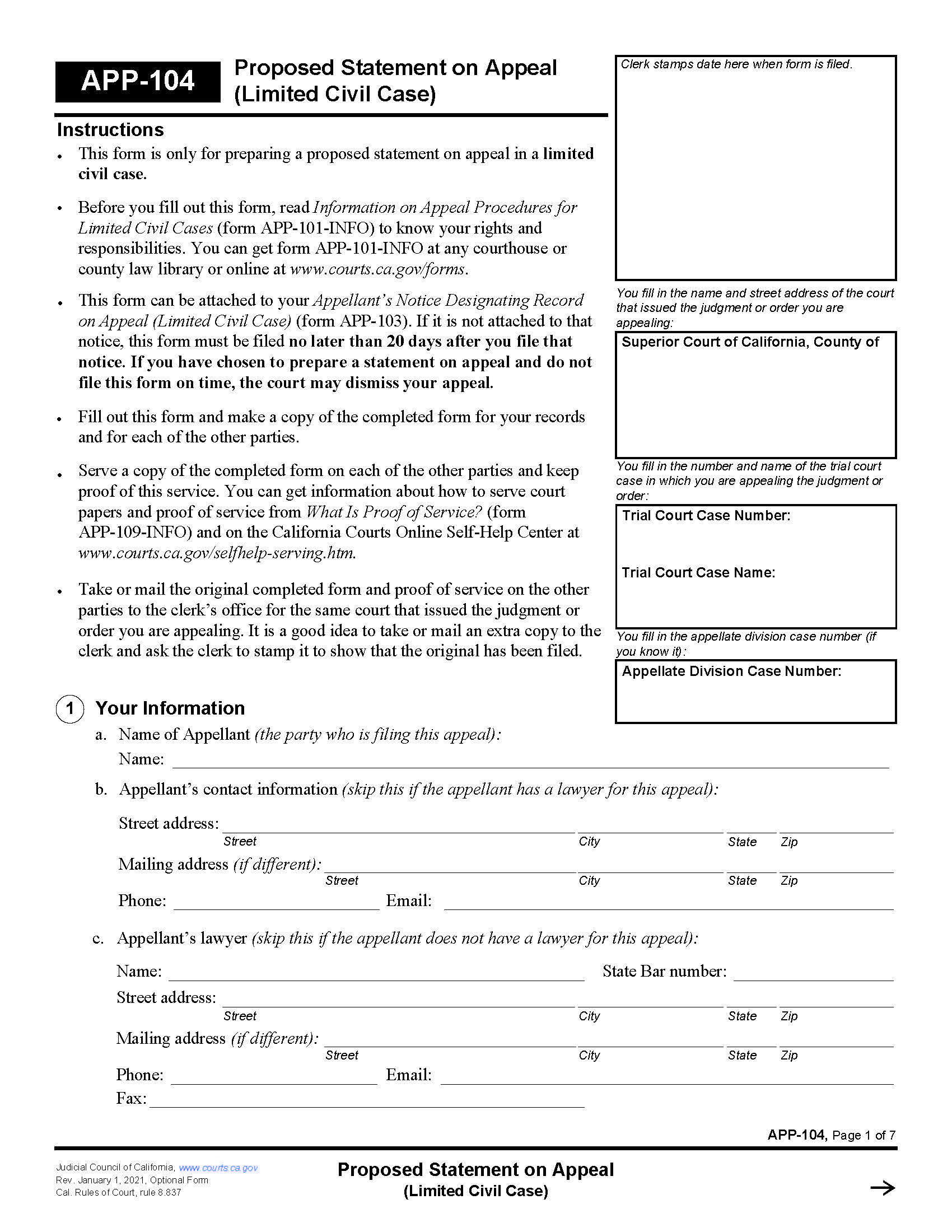 Proposed Statement On Appeal (Limited Civil Case) {APP-104} | Pdf Fpdf Doc Docx | California