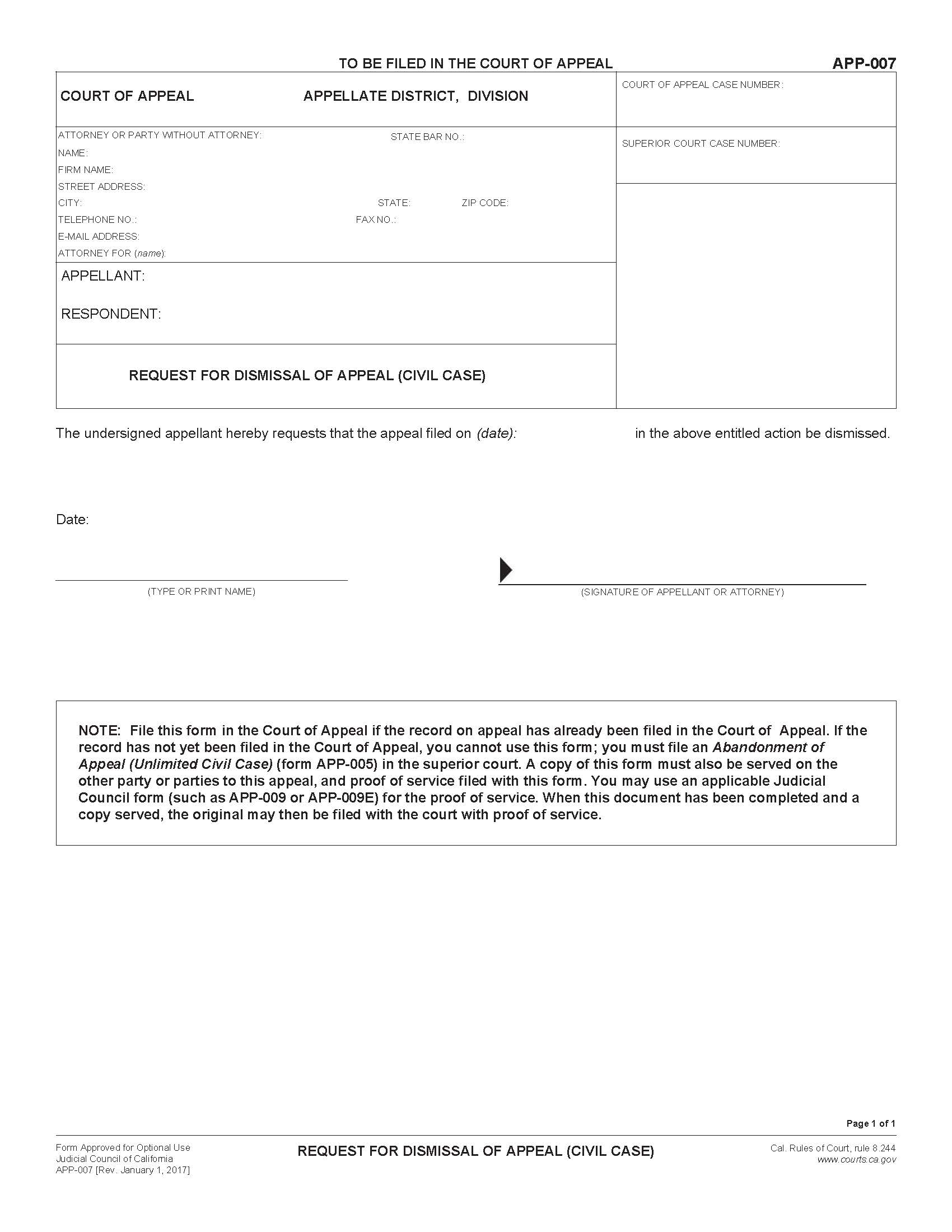 Request For Dismissal Of Appeal (Civil Case) {APP-007} | Pdf Fpdf Doc Docx | California