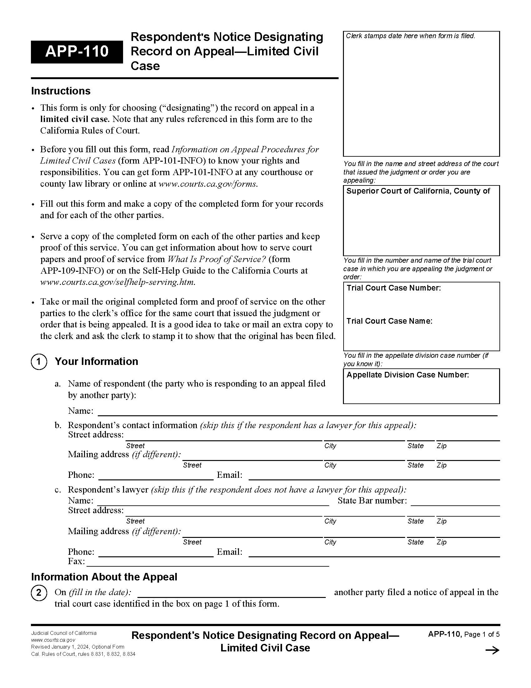 Respondents Notice Designating Record On Appeal (Limited Civil Case) {APP-110} | Pdf Fpdf Docx | California