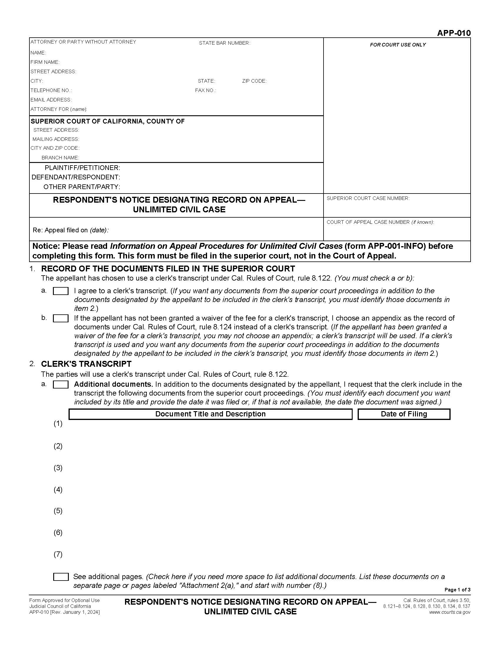 Respondents Notice Designating Record On Appeal (Unlimited Civil Case) {APP-010} | Pdf Fpdf Docx | California