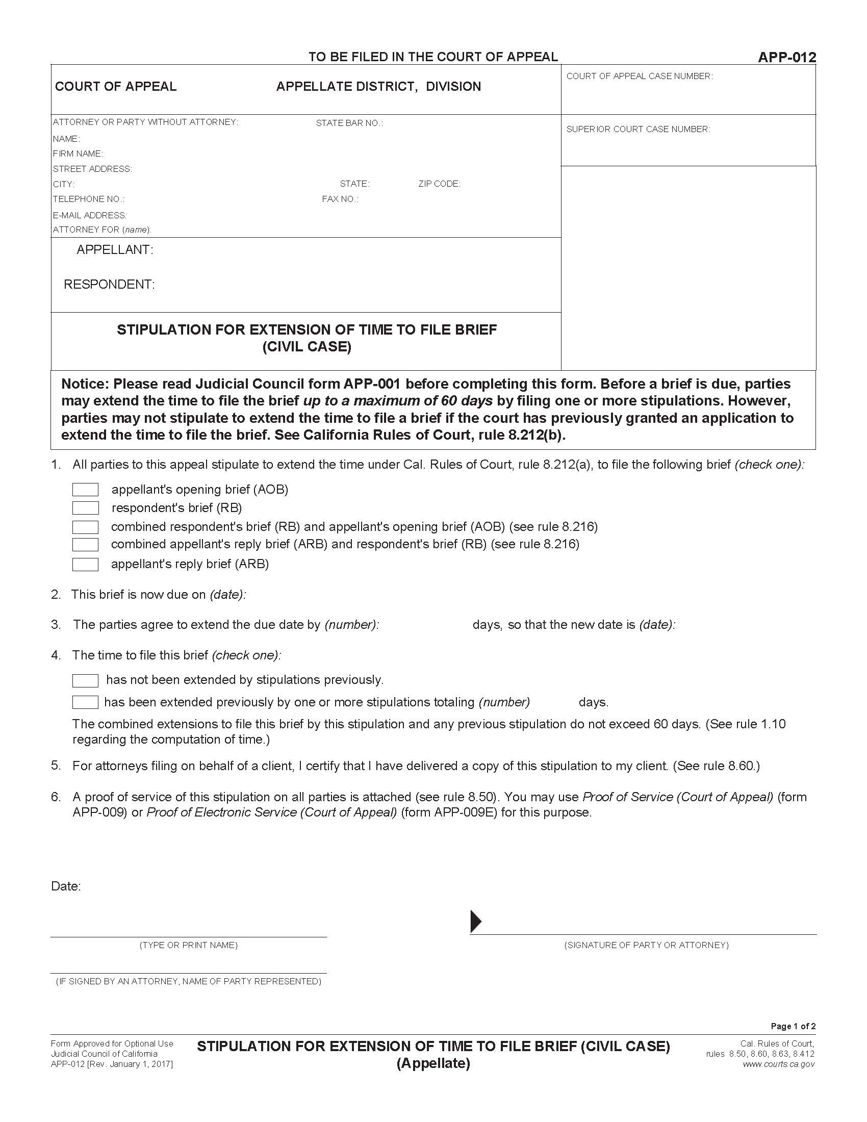 Stipulation For Extension Of Time To File Brief {APP-012} | Pdf Fpdf Doc Docx | California