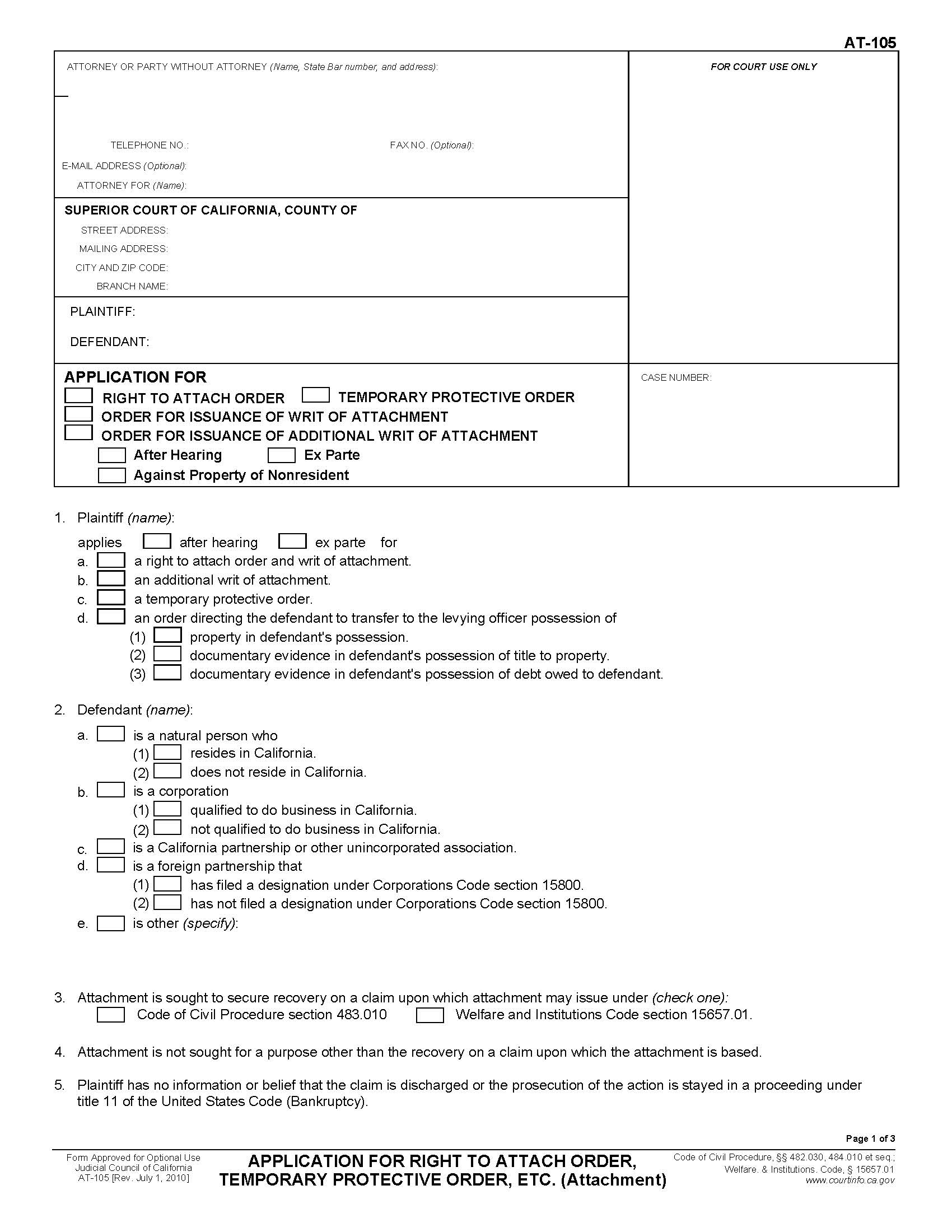 Application For Right To Attach Order Temporary Protective Order Etc {AT-105} | Pdf Fpdf Doc Docx | California