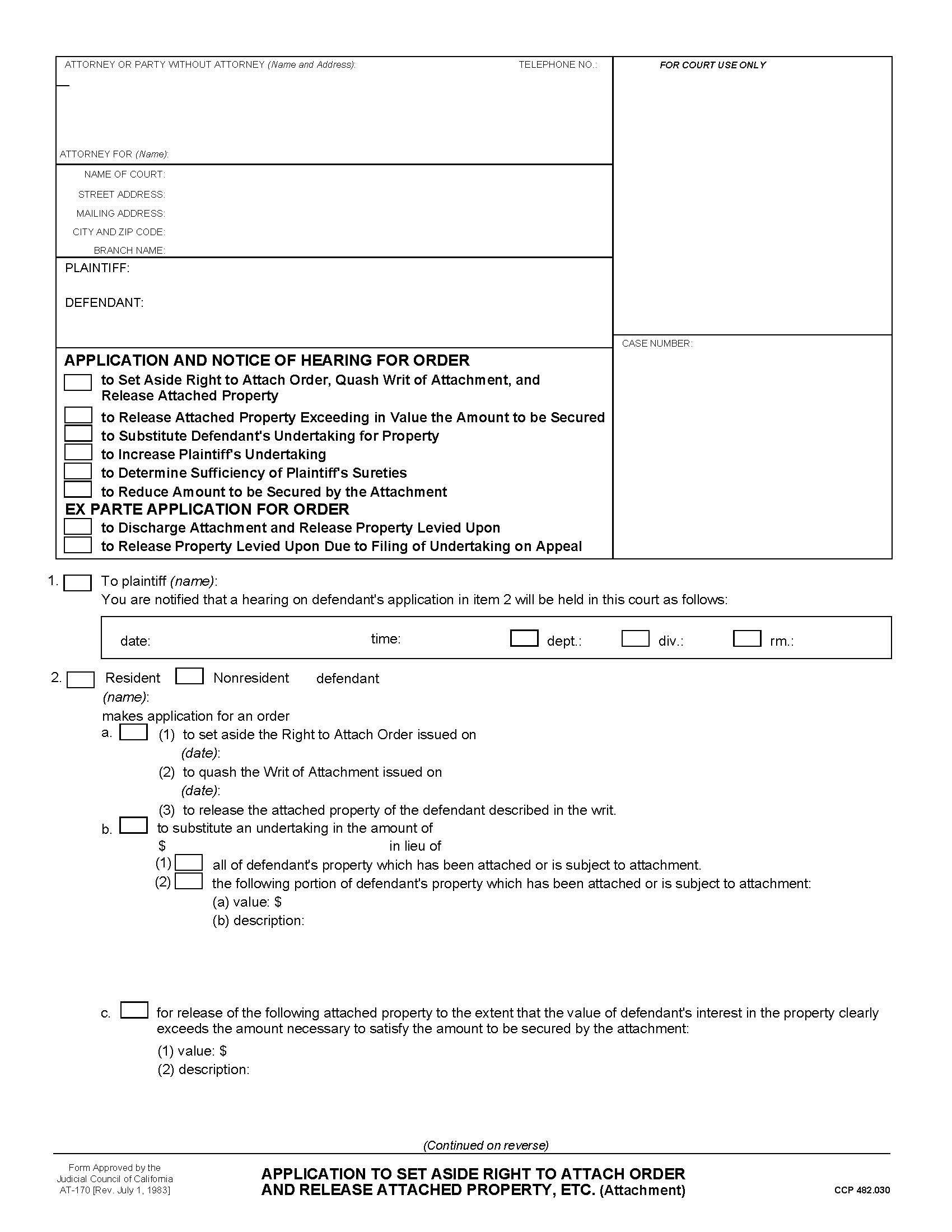Application To Set Aside Right To Attach Order And Release Attached Property Etc (Attachment) {AT-170} | Pdf Fpdf Doc Docx | California