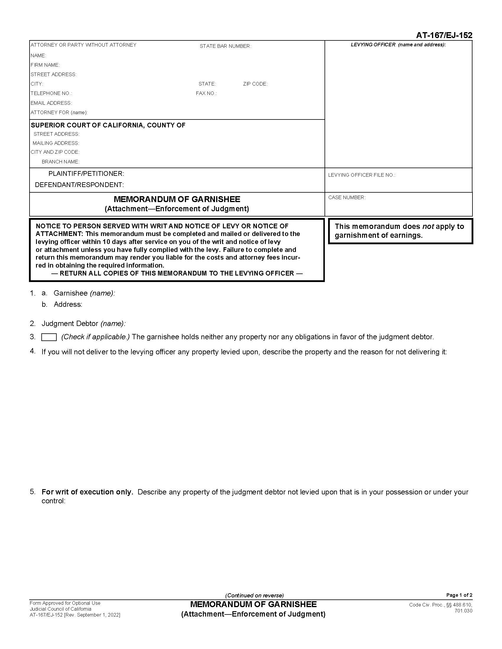 Memorandum Of Garnishee {AT-167 EJ-152} | Pdf Fpdf Docx | California