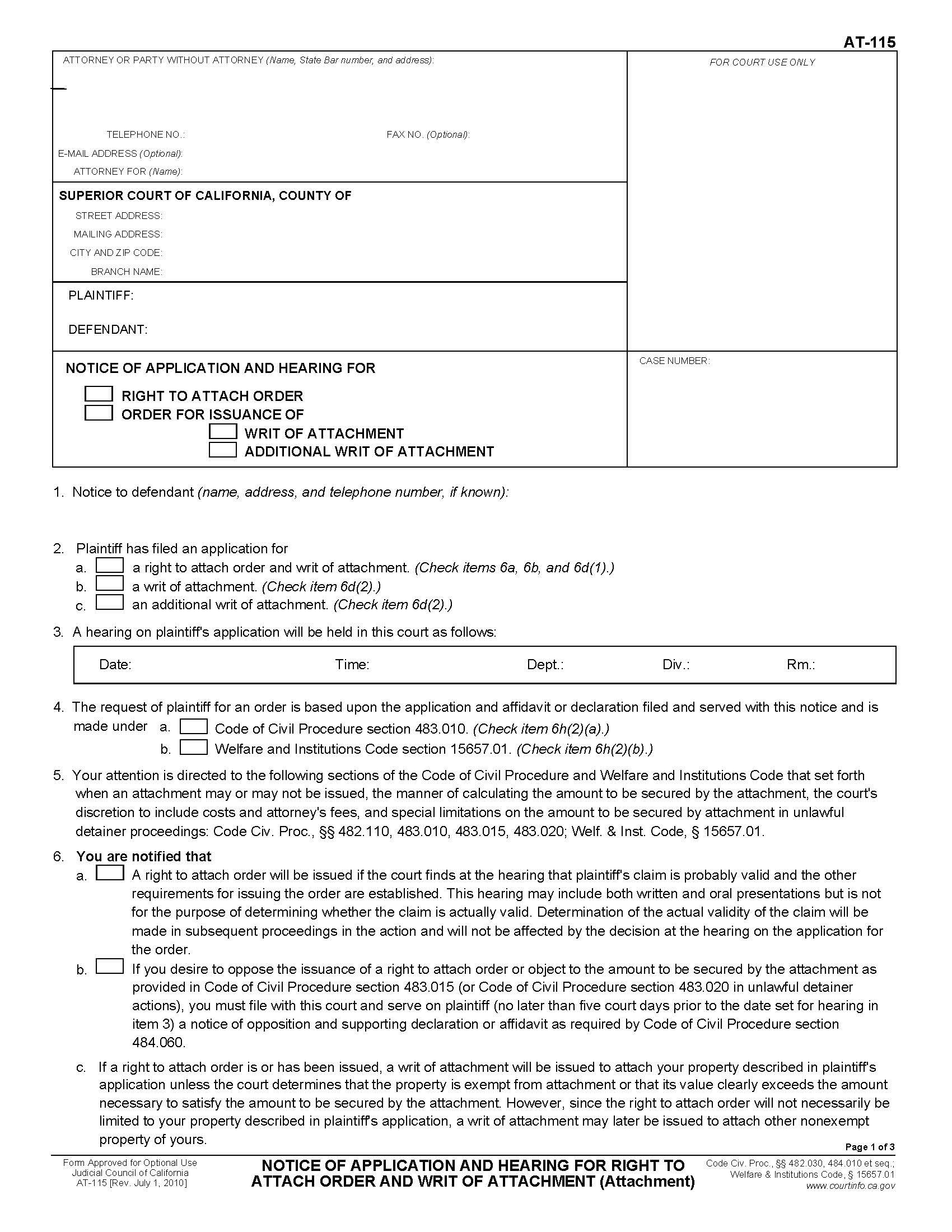 Notice Of Application And Hearing For Right To Attach Order And Writ Of Attachment {AT-115} | Pdf Fpdf Doc Docx | California
