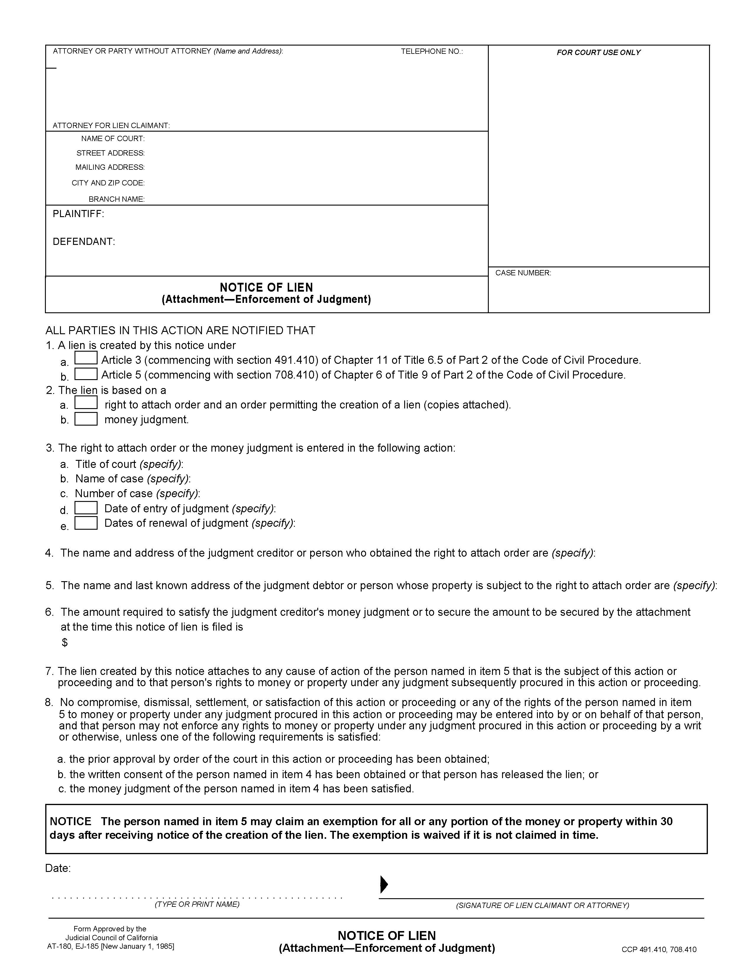 Notice Of Lien (Attachment--Enforcement Of Judgment) {AT-180} | Pdf Fpdf Doc Docx | California