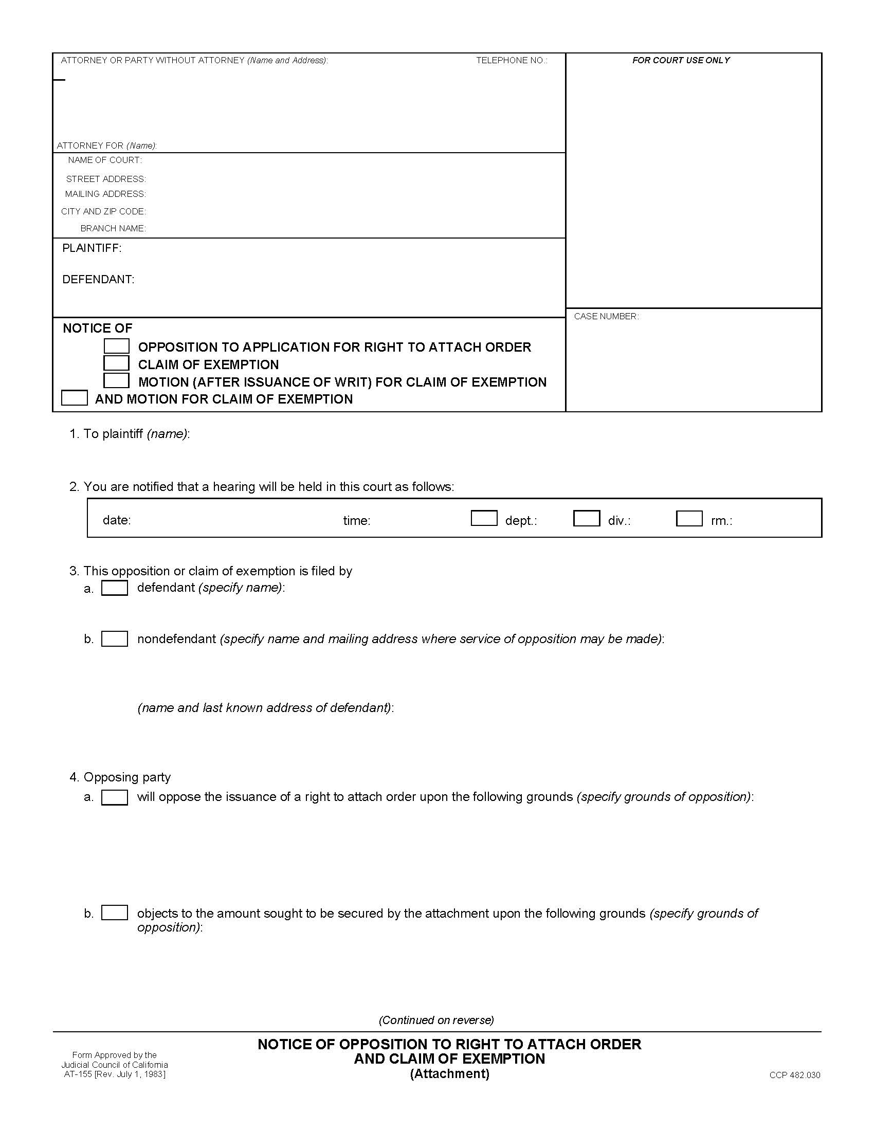Notice Of Opposition To Right To Attach Order And Claim Of Exemption (Attachment) {AT-155} | Pdf Fpdf Doc Docx | California