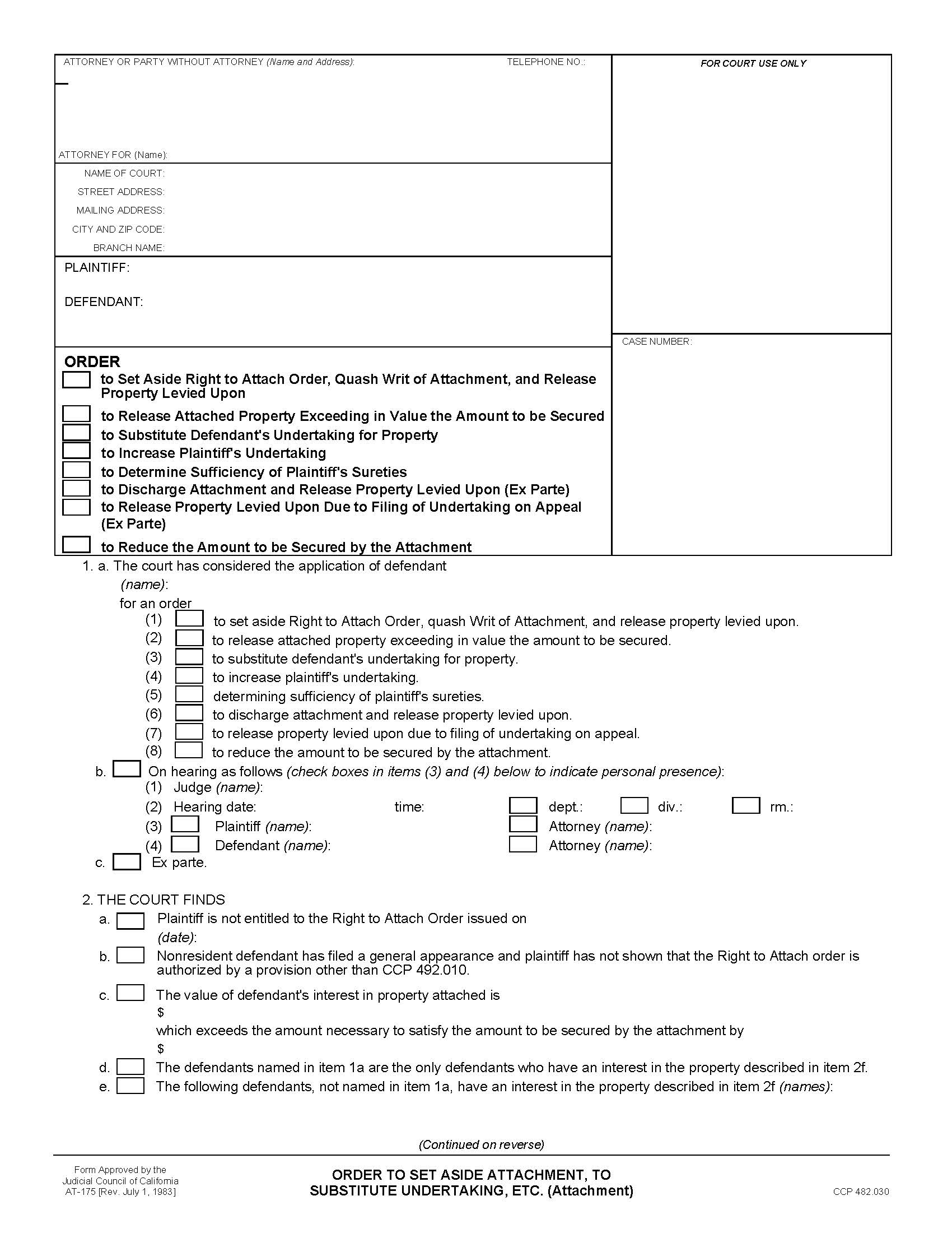 Order To Set Aside Attachment To Substitute Undertaking Etc (Attachment) {AT-175} | Pdf Fpdf Doc Docx | California