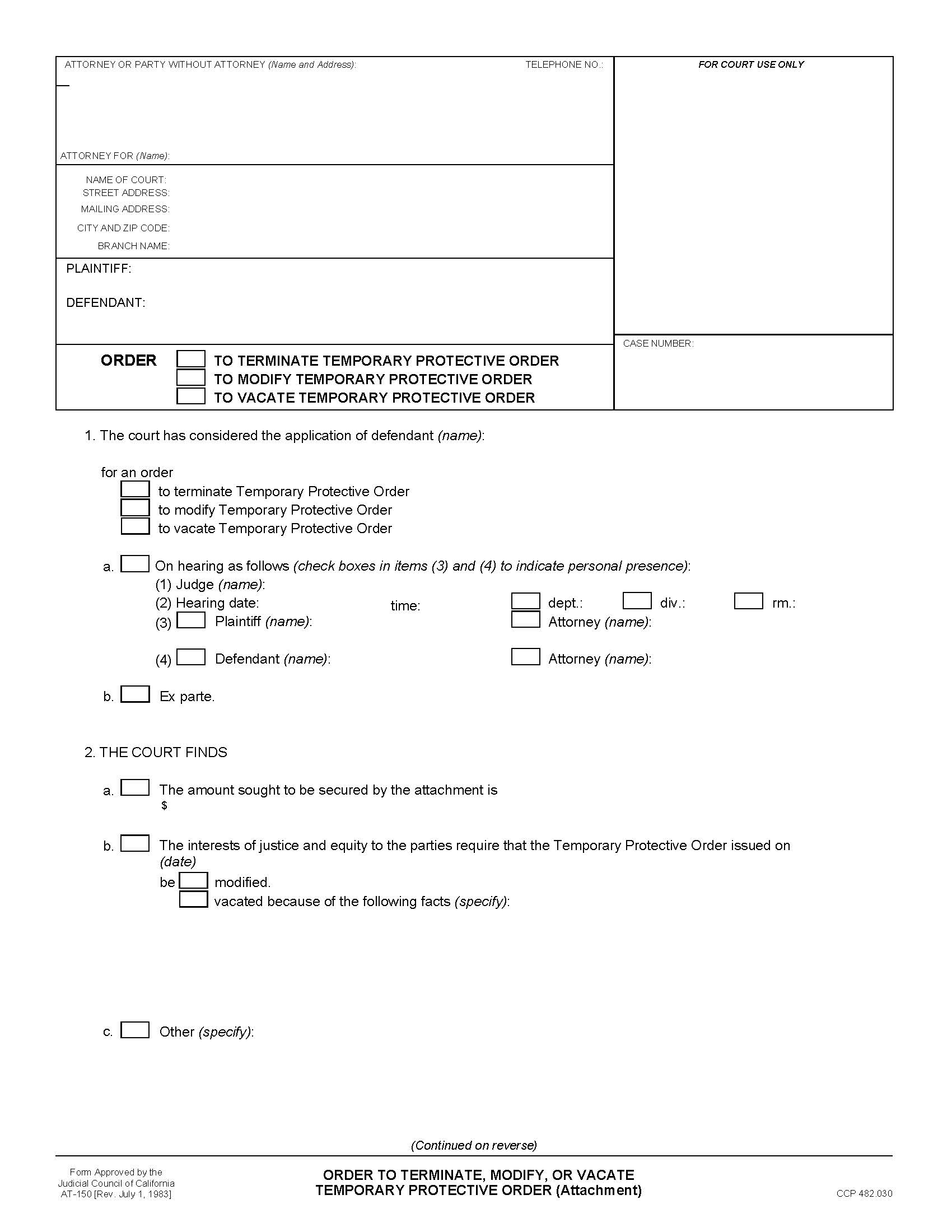 Order To Terminate Modify Or Vacate Temporary Protective Order (Attachment) {AT-150} | Pdf Fpdf Doc Docx | California