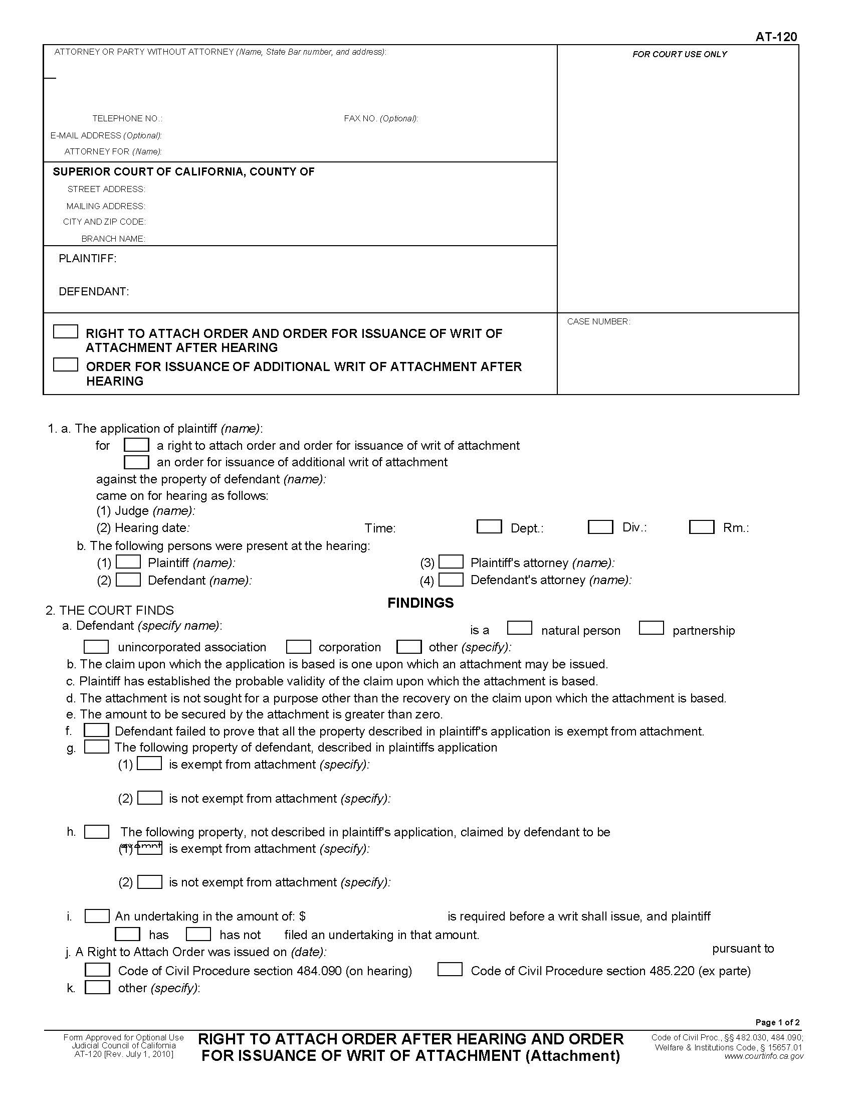 Right To Attach Order After Hearing And Order For Issuance Of Writ Of Attachment {AT-120} | Pdf Fpdf Doc Docx | California