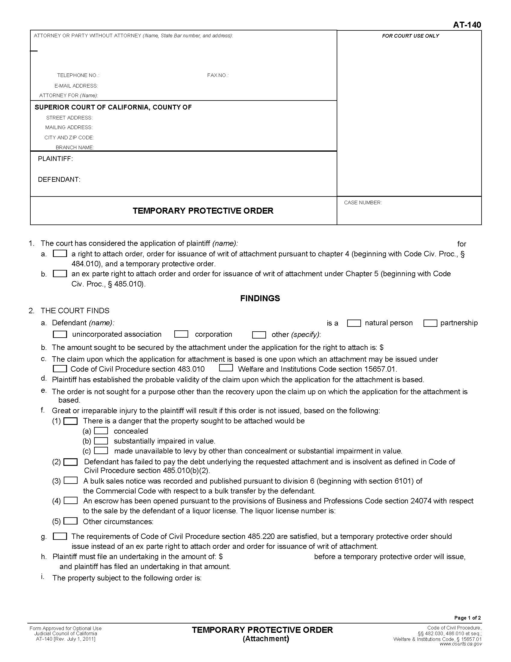 Temporary Protective Order (Attachment) {AT-140} | Pdf Fpdf Doc Docx | California