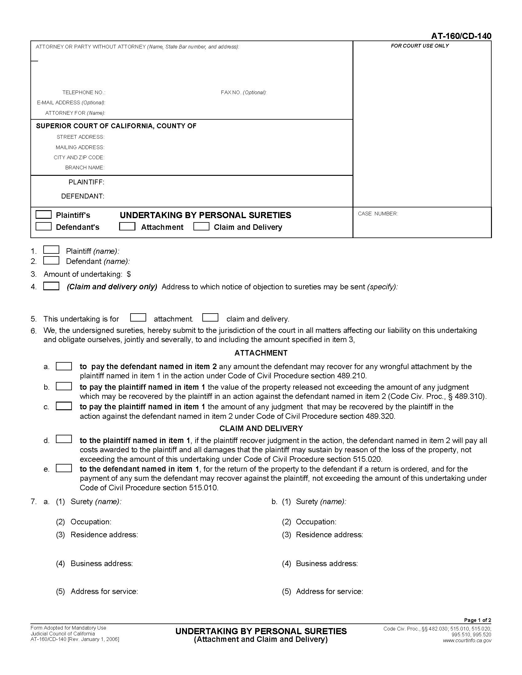 Undertaking By Personal Sureties (Attachment And Claim And Delivery) {AT-160 CD-140} | Pdf Fpdf Doc Docx | California