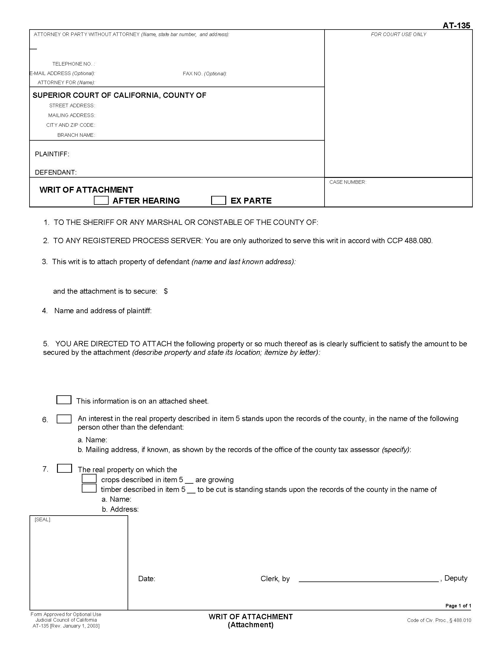 Writ Of Attachment (Attachment) {AT-135} | Pdf Fpdf Doc Docx | California
