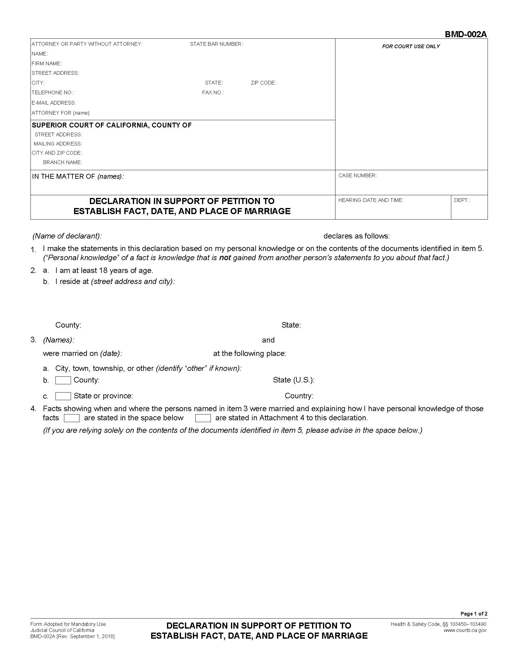 Declaration In Support Of Petition To Establish Fact Date And Place Of Marriage {BMD-002A} | Pdf Fpdf Docx | California