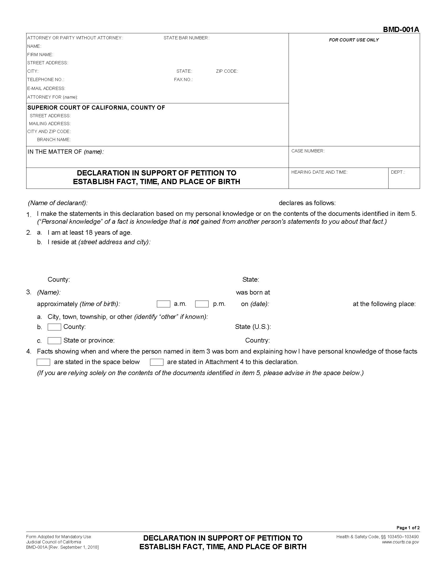 Declaration In Support Of Petition To Establish Fact Time And Place Of Birth {BMD-001A} | Pdf Fpdf Docx | California