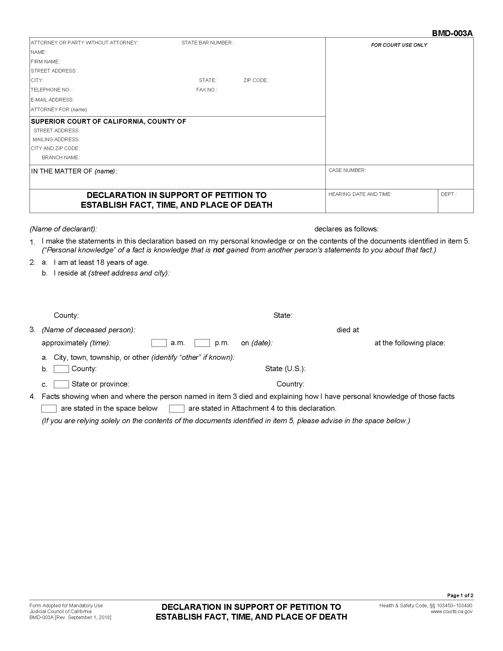 Declaration In Support Of Petition To Establish Fact Time And Place Of Death {BMD-003A} | Pdf Fpdf Docx | California