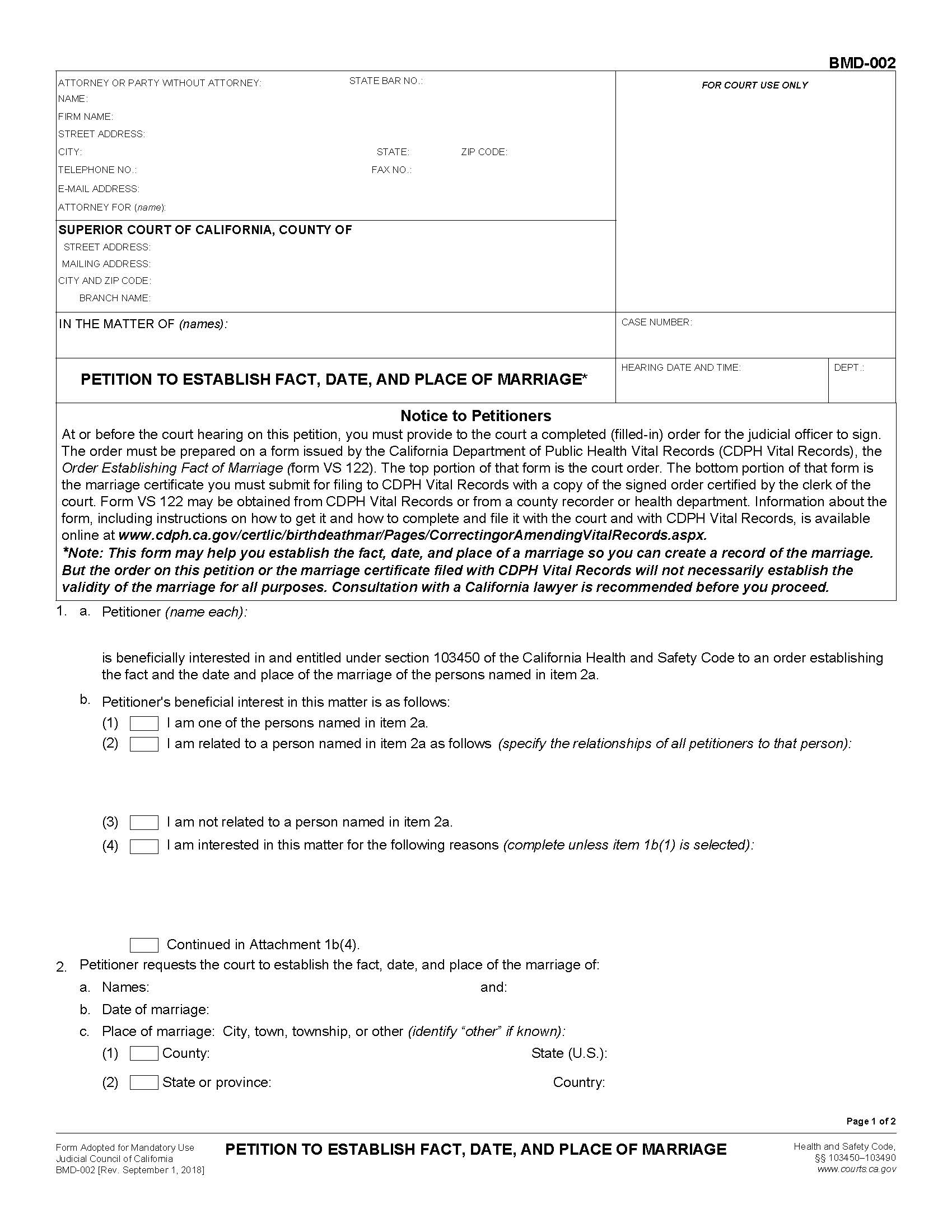 Petition To Establish Fact Date And Place Of Marriage {BMD-002} | Pdf Fpdf Docx | California