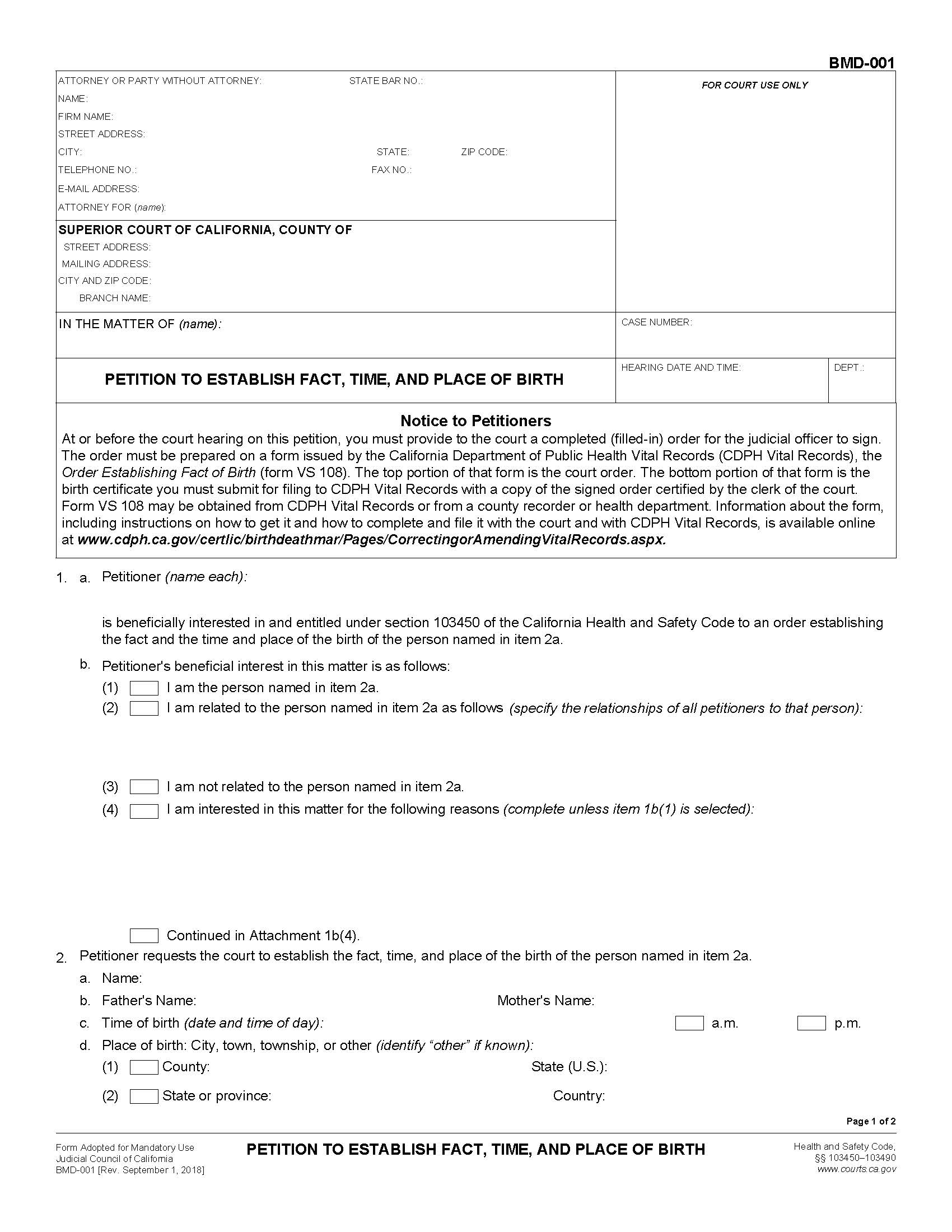Petition To Establish Fact Time And Place Of Birth {BMD-001} | Pdf Fpdf Docx | California