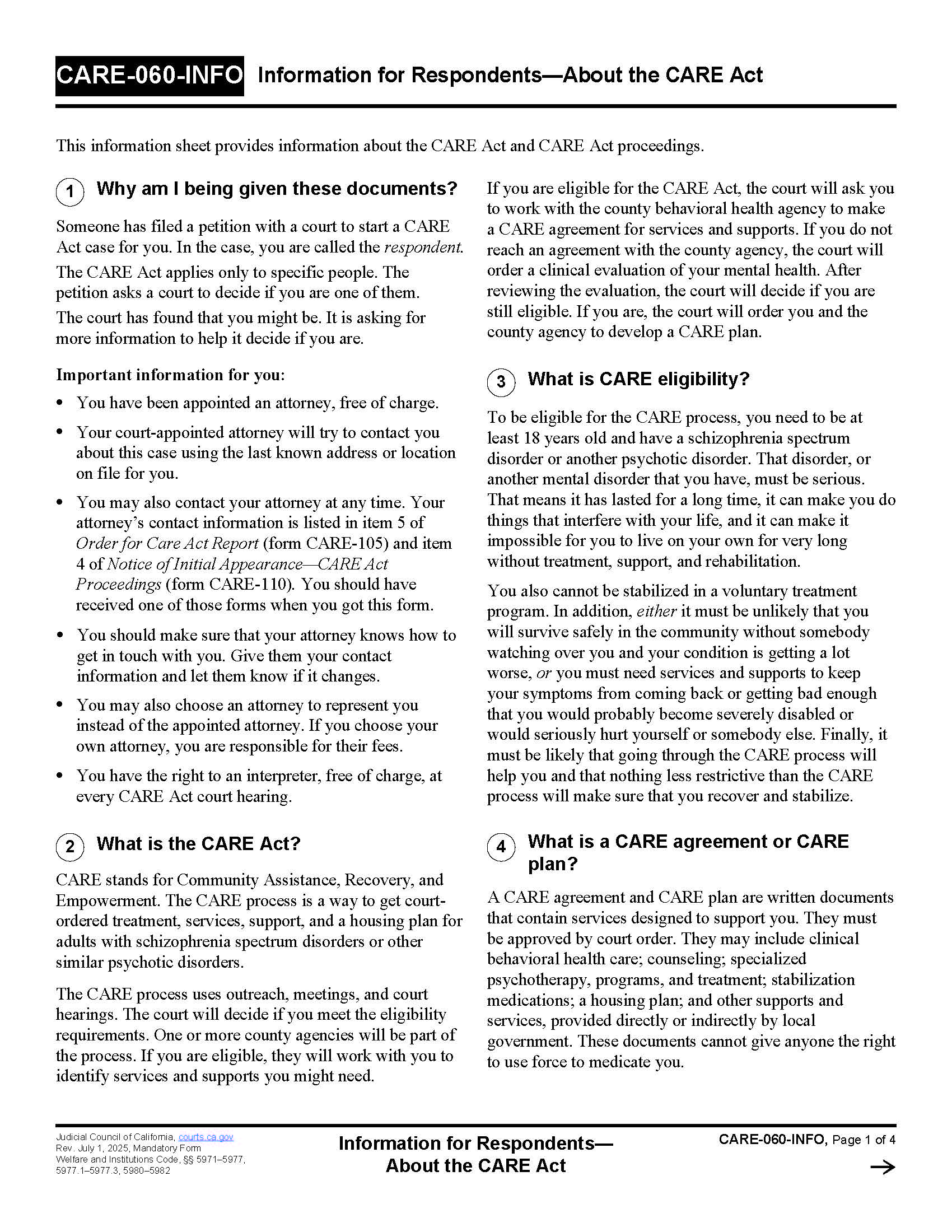 Information For Respondents-About The CARE Act {CARE-060-INFO} | Pdf Fpdf Docx | California