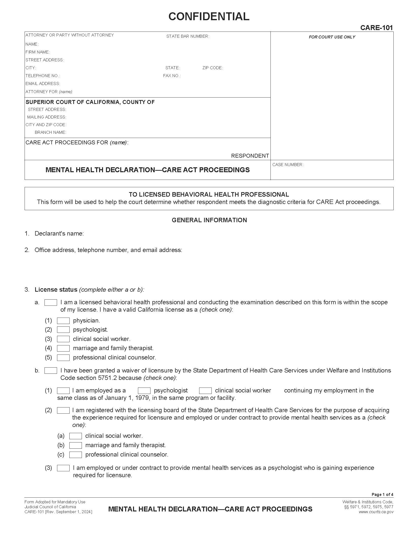 Mental Health Declaration-CARE Act Proceedings {CARE-101} | Pdf Fpdf Docx | California
