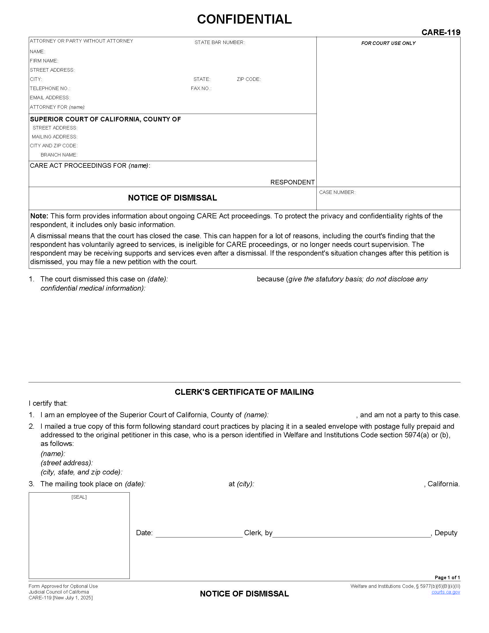 Notice Of Dismissal {CARE-119} | Pdf Fpdf Docx | California