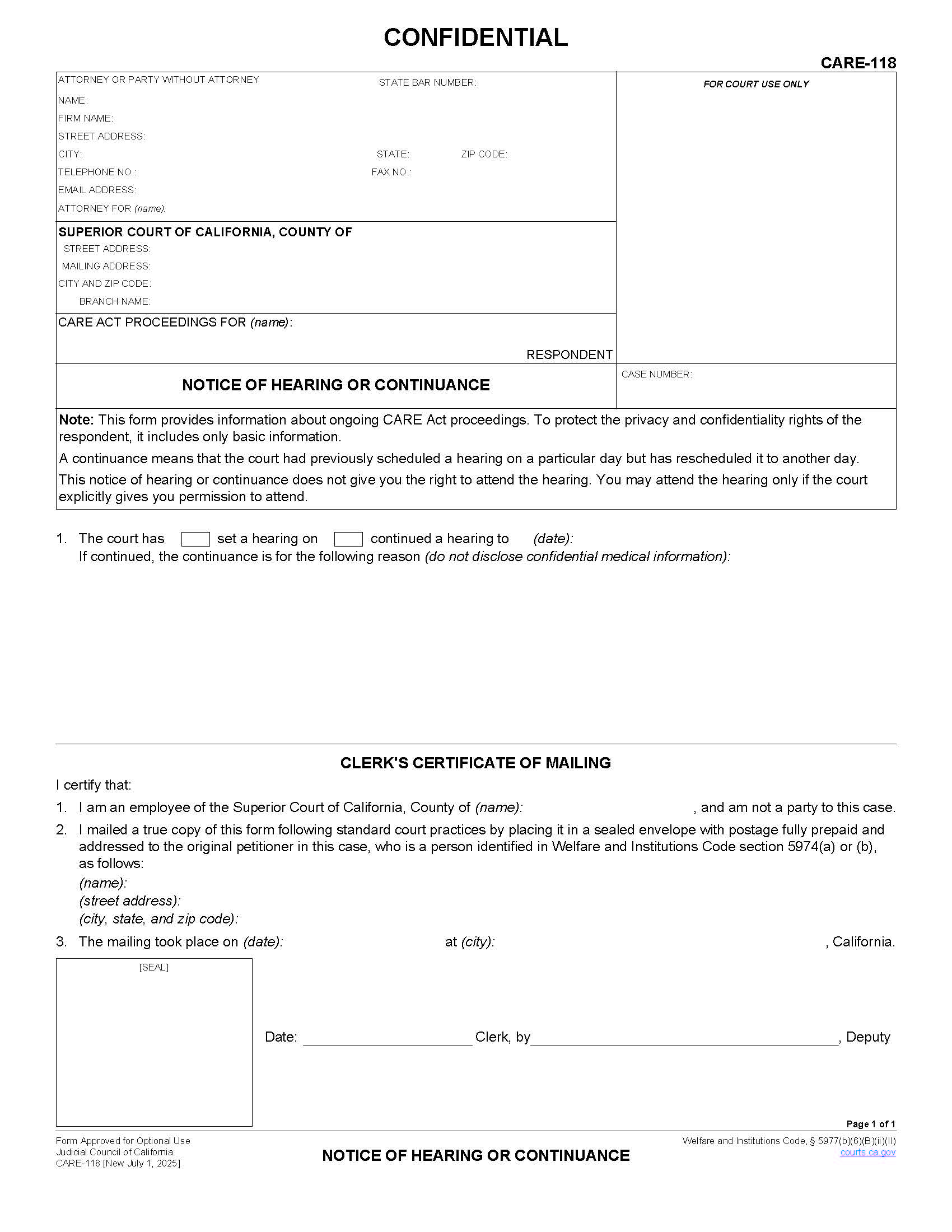 Notice Of Hearing Or Continuance {CARE-118} | Pdf Fpdf Docx | California